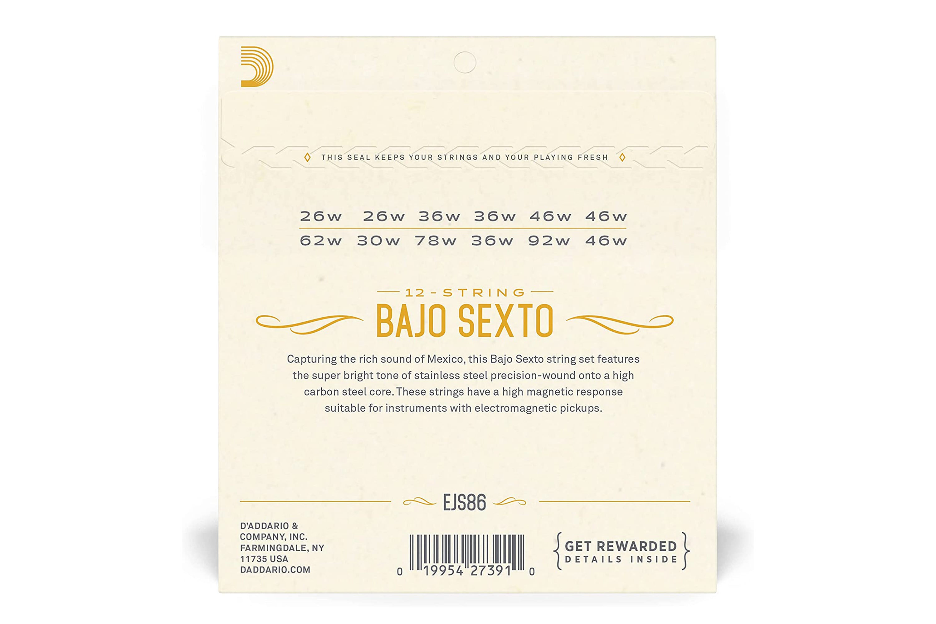 D'Addario EJS86 Stainless Steel 12-String Bajo Sexto Strings - .026-.046