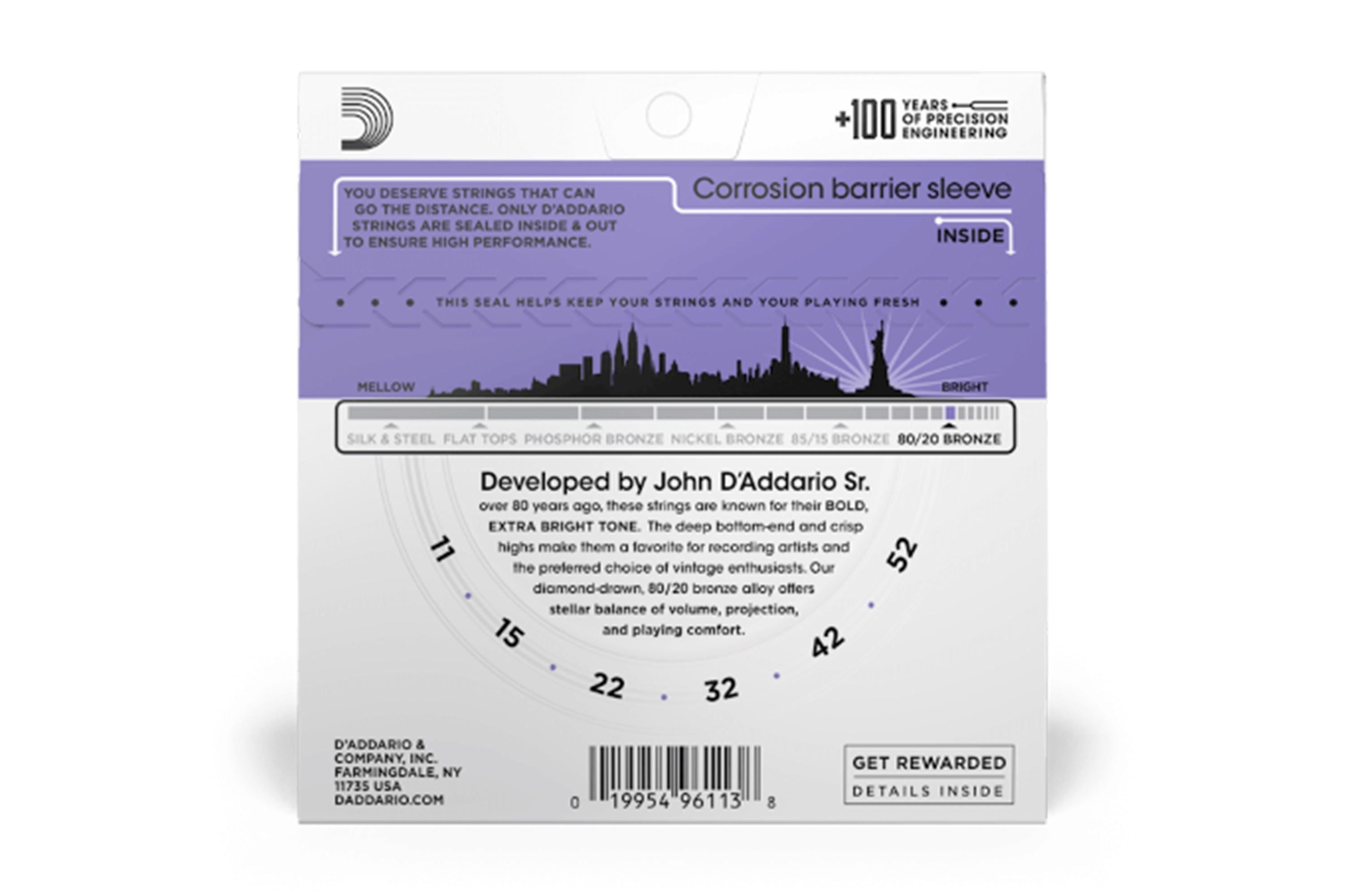 D'Addario EJ13 80/20 Bronze Acoustic Guitar Strings - Custom Light .011-.052