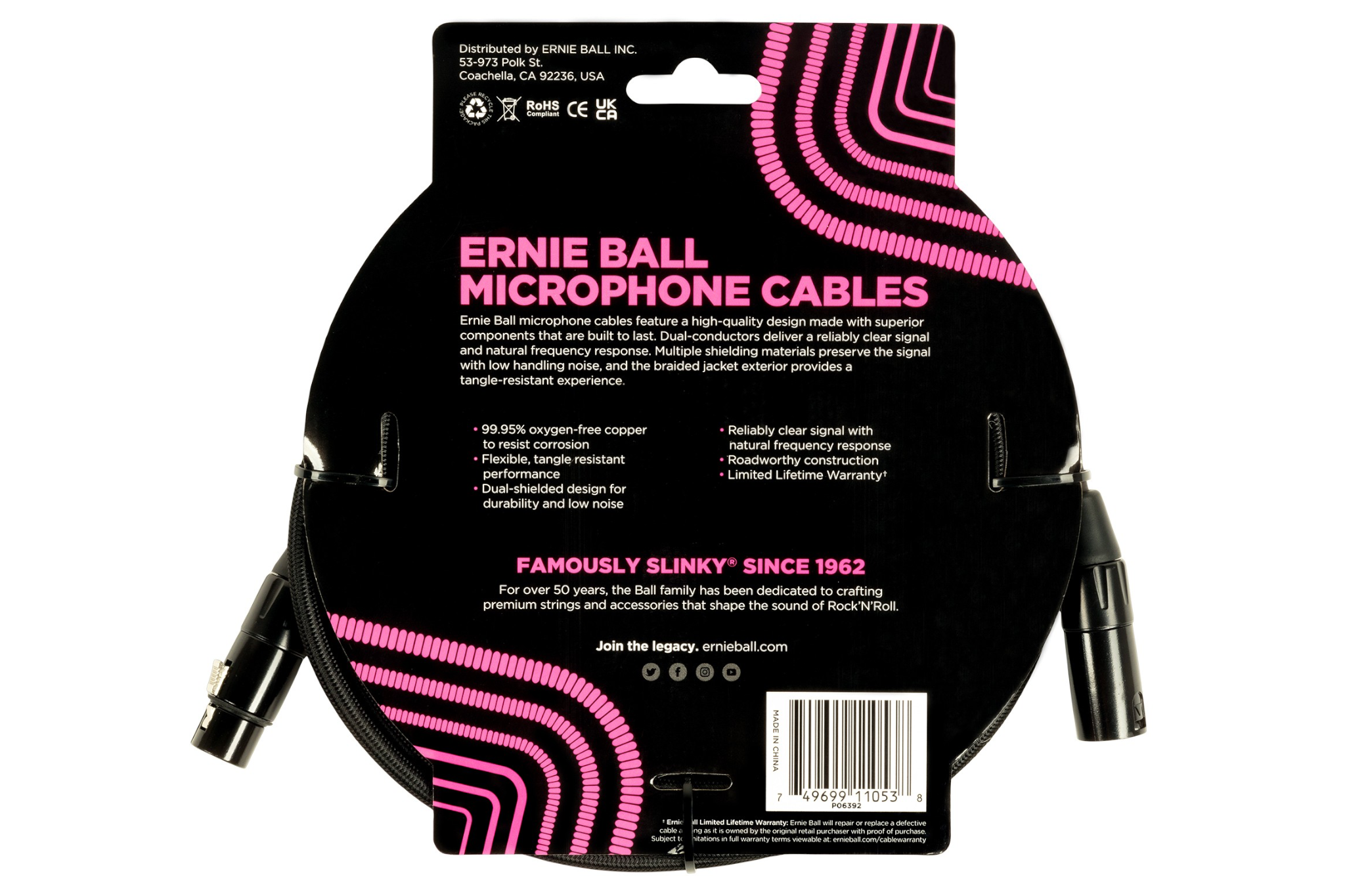 Ernie Ball 20' Male / Female XLR Microphone Cable - BLACK