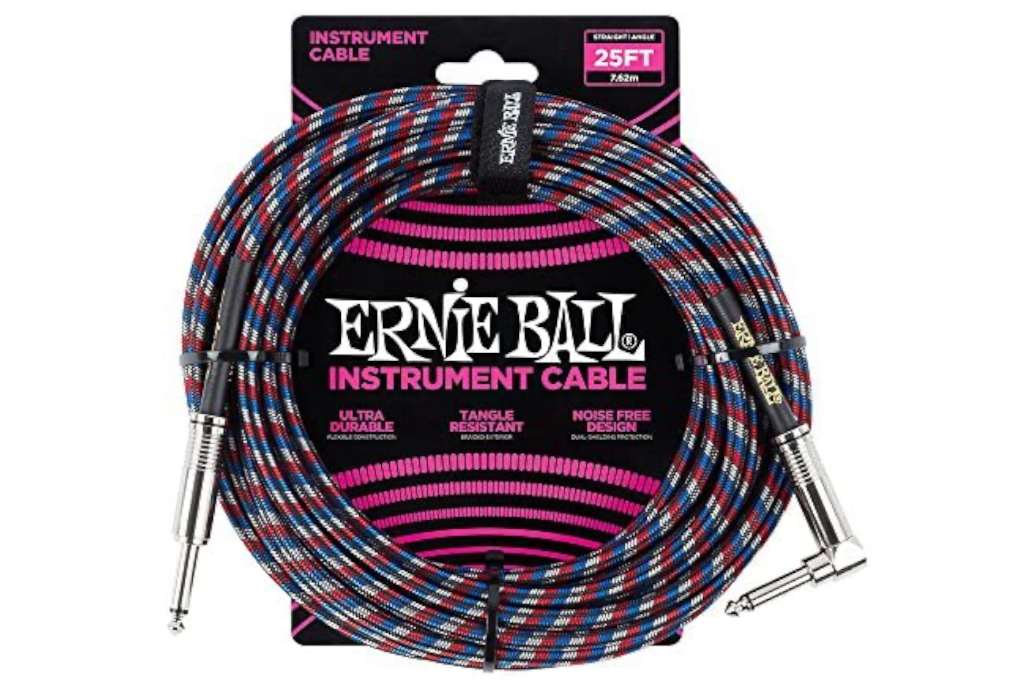 Ernie Ball 25 Foot Braided Straight/Angle Instrument Cable - BLACK / RED / BLUE / WHITE