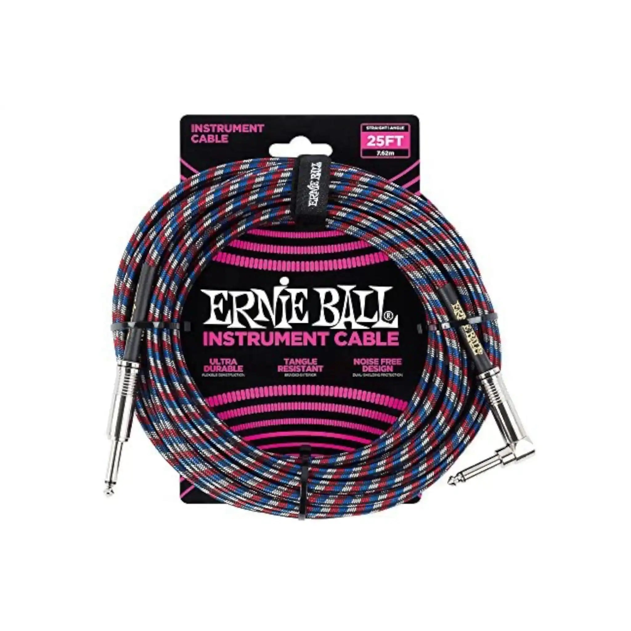 ErnieBall25FootBraidedStraight_AngleInstrumentCable-BLACK_RED_BLUE_WHITE-fron | Terry Carter Music Store