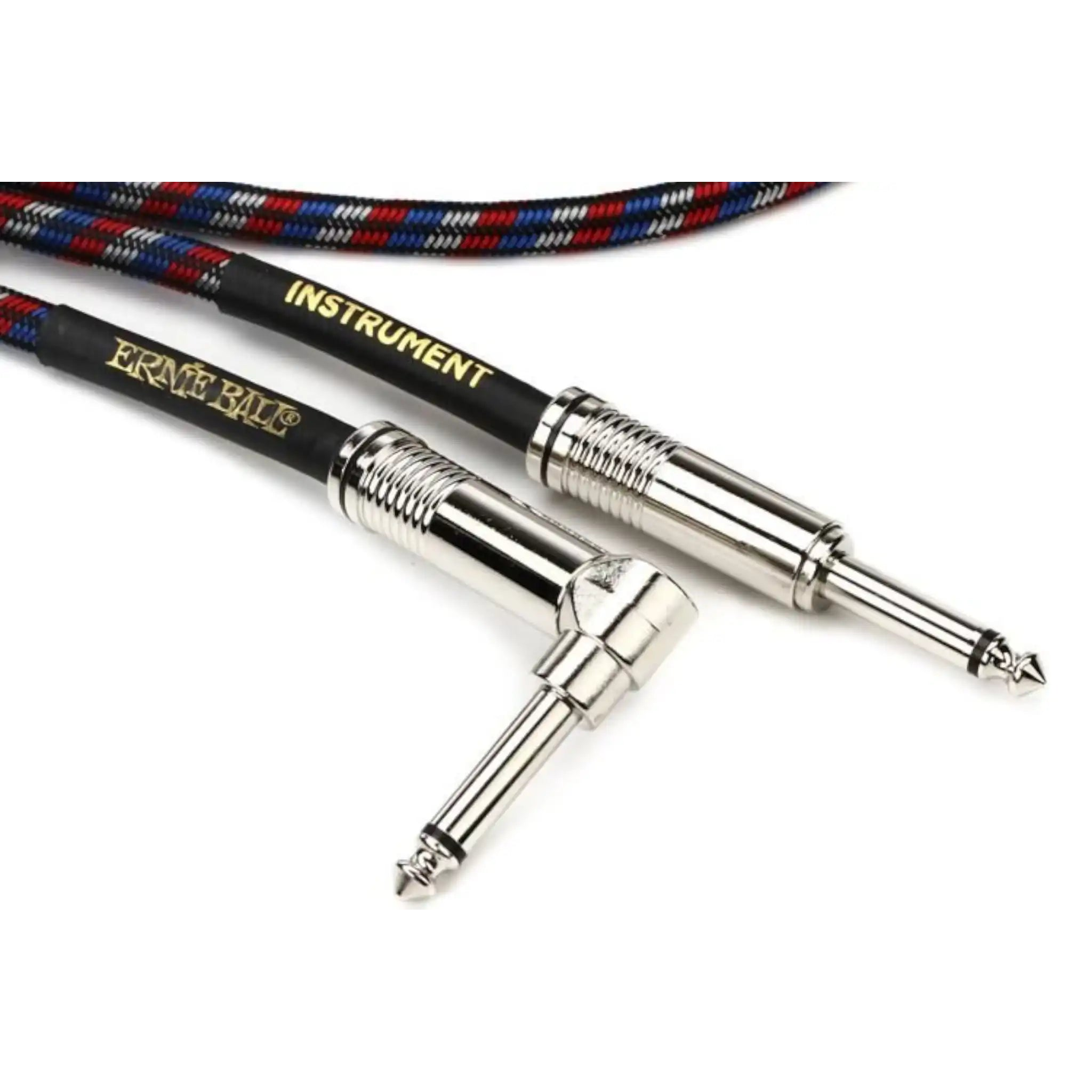 ErnieBall25FootBraidedStraight_AngleInstrumentCable-BLACK_RED_BLUE_WHITE_closeup | Terry Carter Music Store