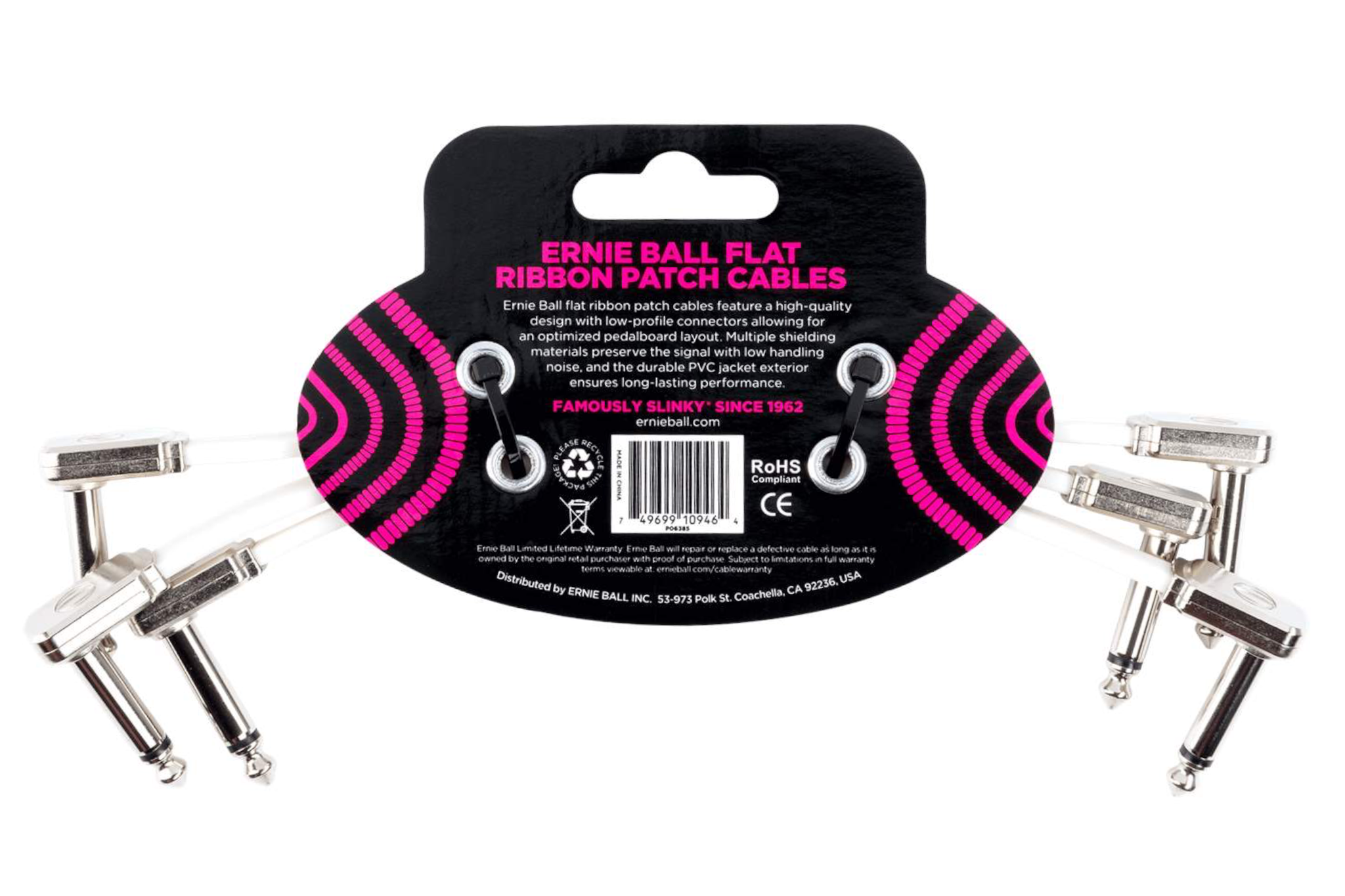 Ernie Ball 6" Flat Ribbon Patch Cable White 3 Pack - WHITE