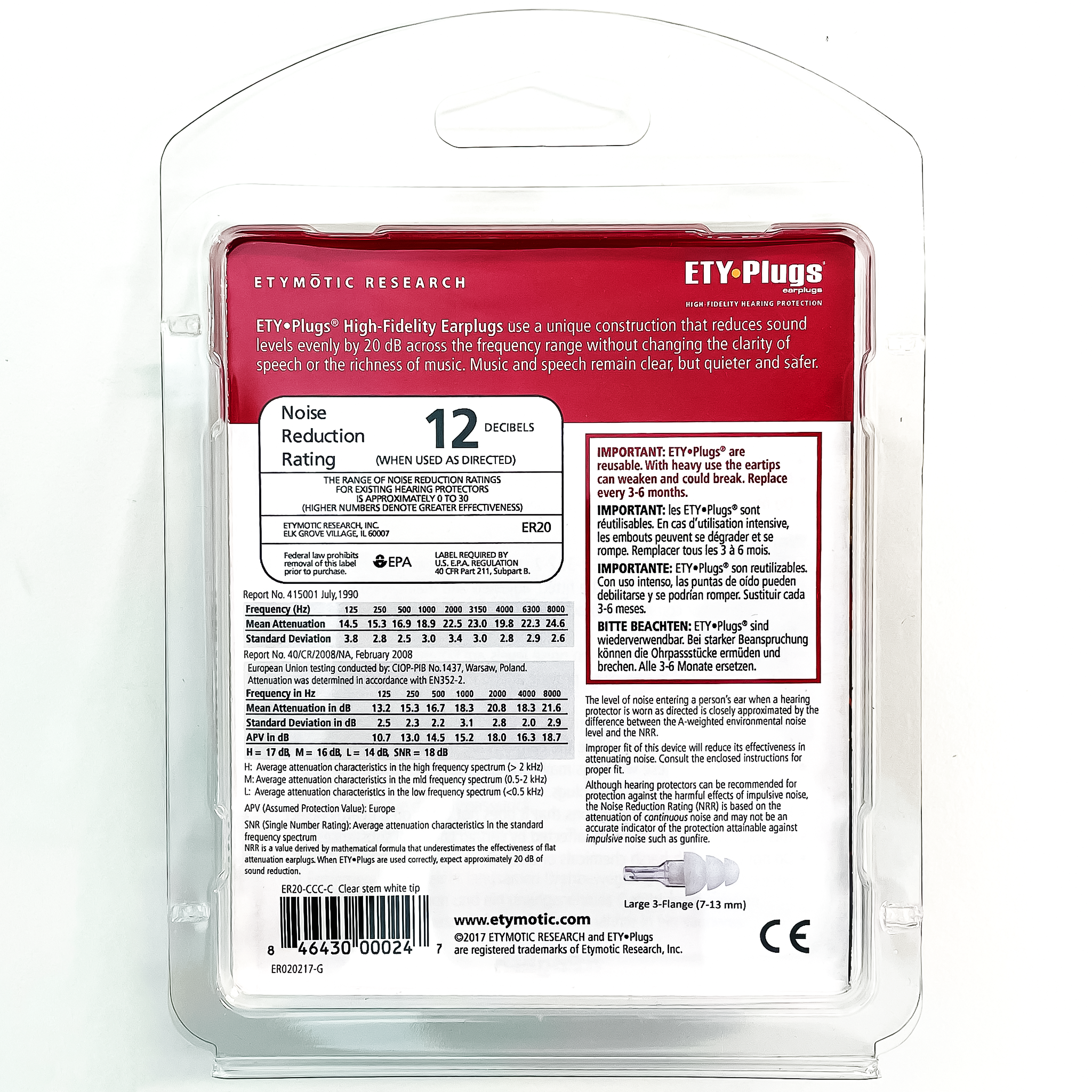 Etymotic High-Fidelity ETY•Plugs Large Clear Tip/Stem