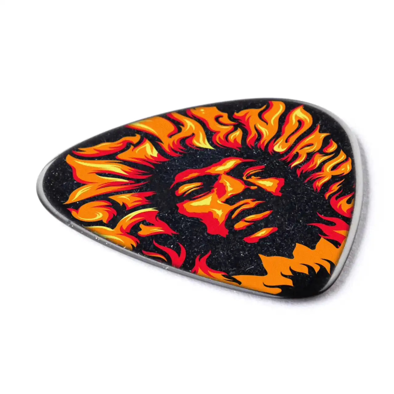 Colorful guitar pick with fiery face design, available at Terry Carter Music Store.
