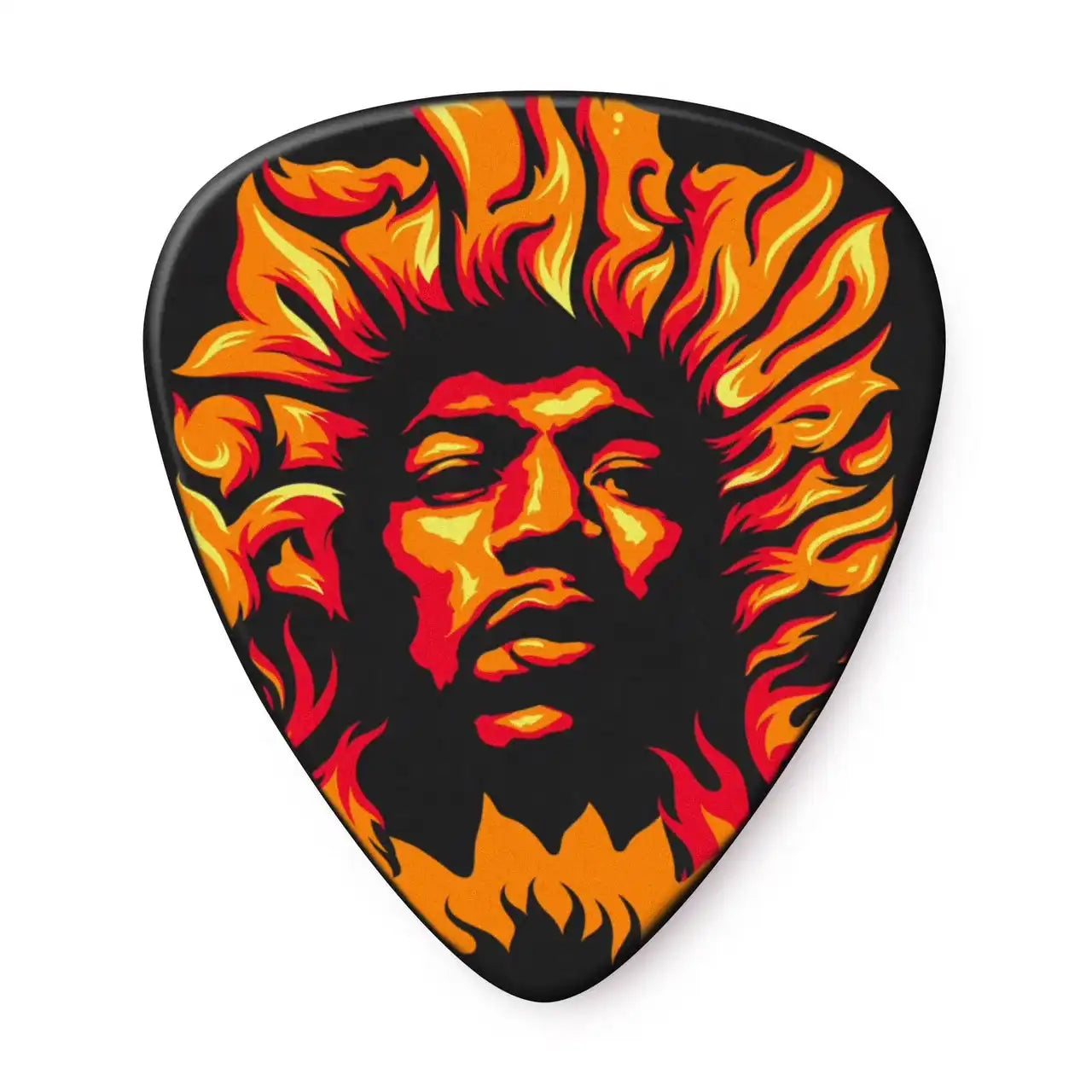 Colorful guitar pick with fiery face design, available at Terry Carter Music Store.