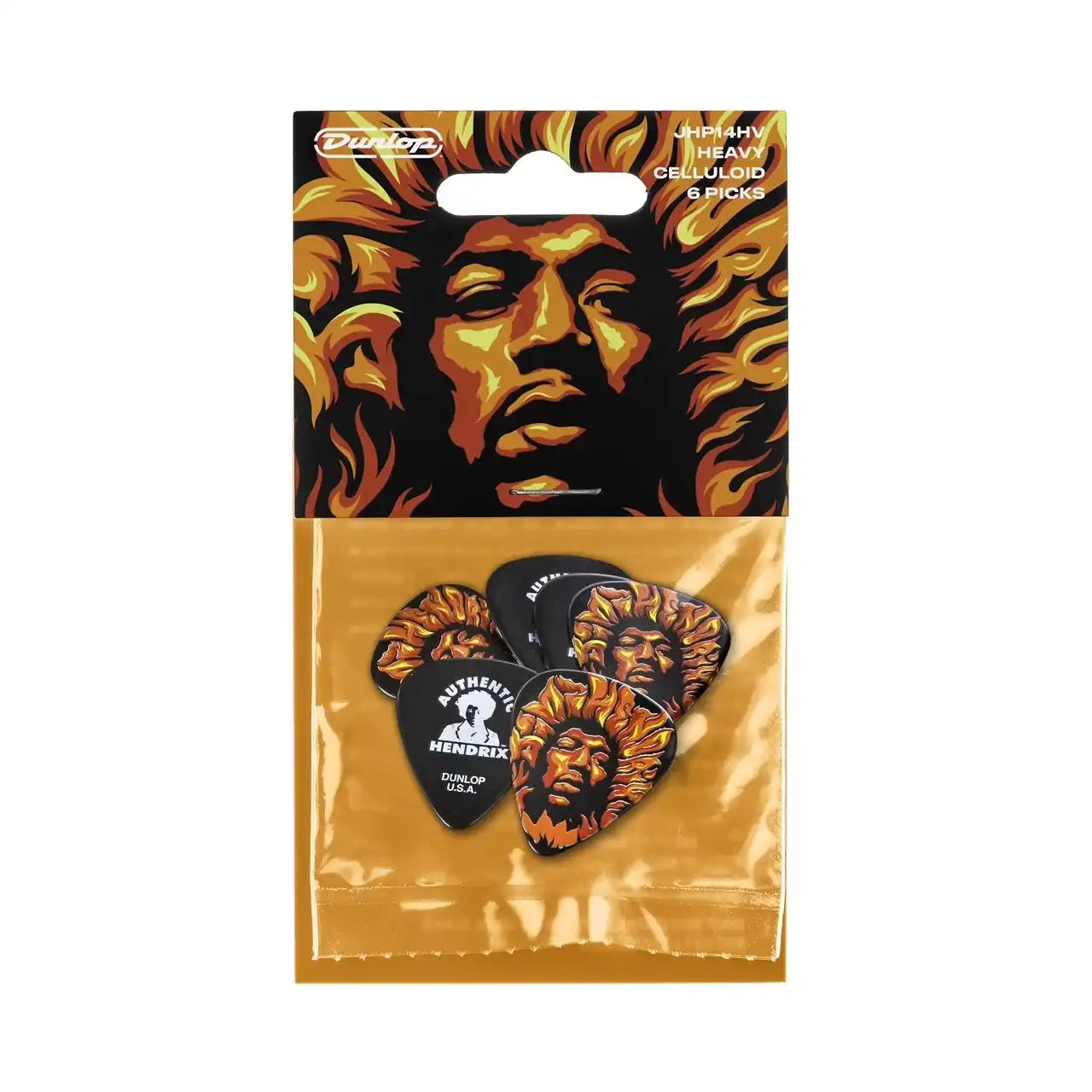 Dunlop celluloid guitar picks with Hendrix design, heavy gauge, at Terry Carter Music Store.