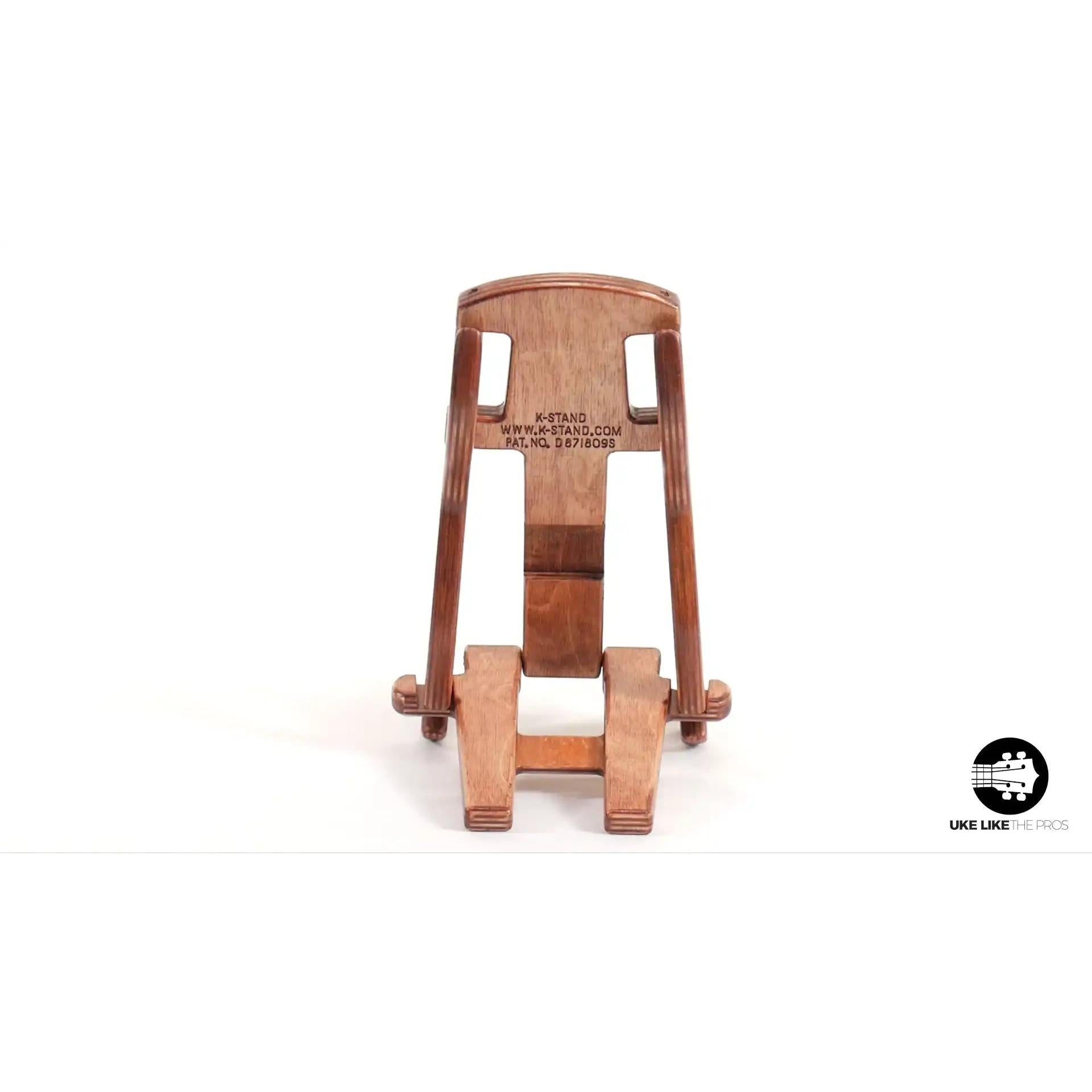 Wooden K-Stand for soprano or concert ukulele, shown on white background at Terry Carter Music Store.