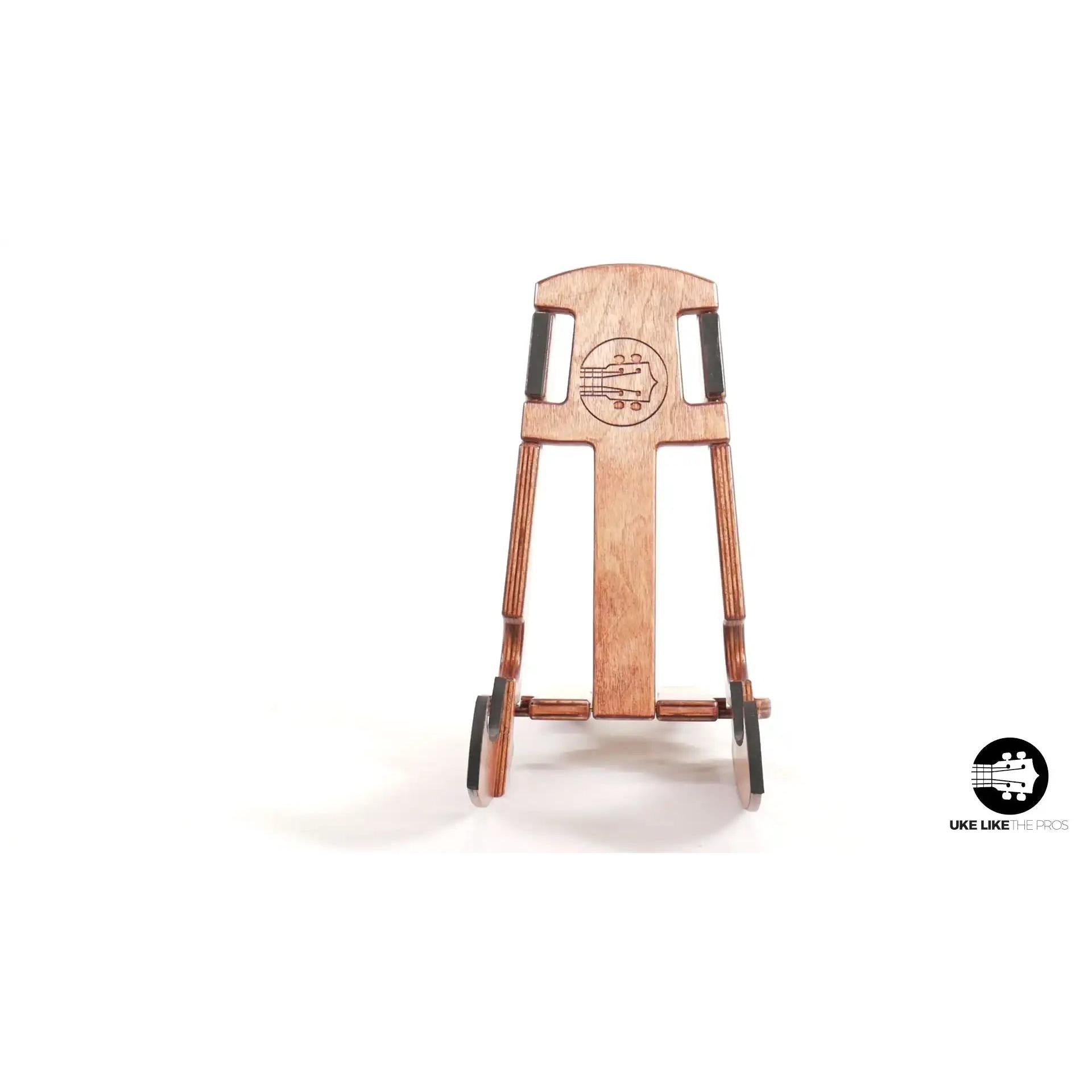 Wooden tenor ukulele stand, natural finish, front view at Terry Carter Music Store