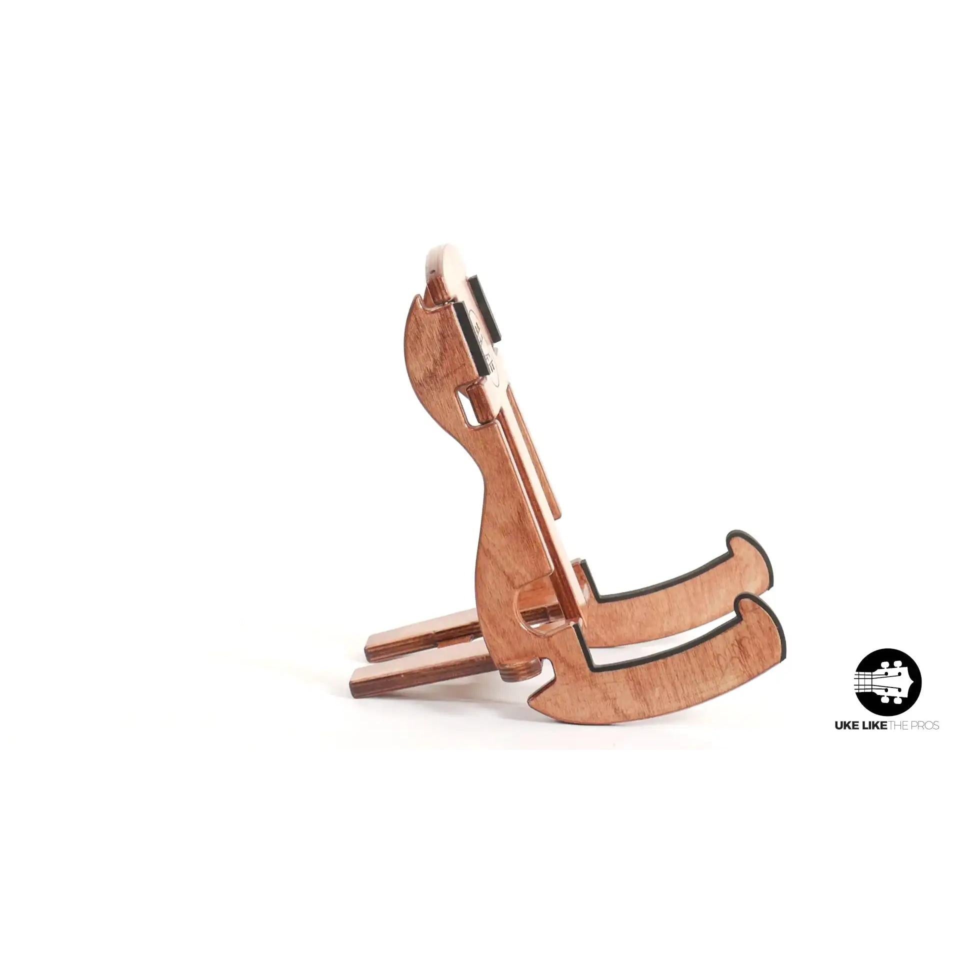 Wooden tenor instrument stand with natural finish, side view, at Terry Carter Music Store