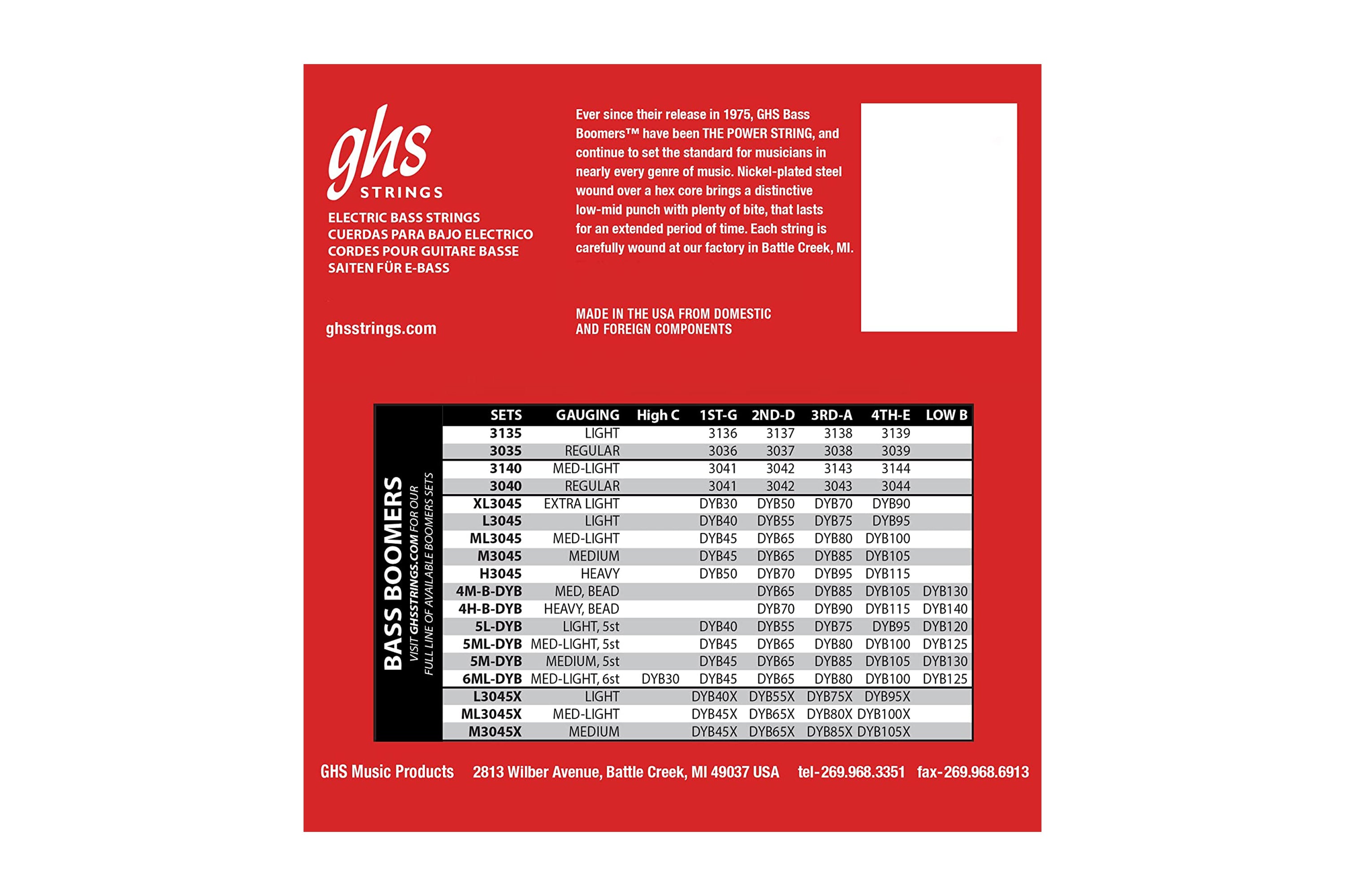 GHS M3045 Bass Boomers Nickel-Plated Long Scale Electric Bass Strings - Medium .045-.105