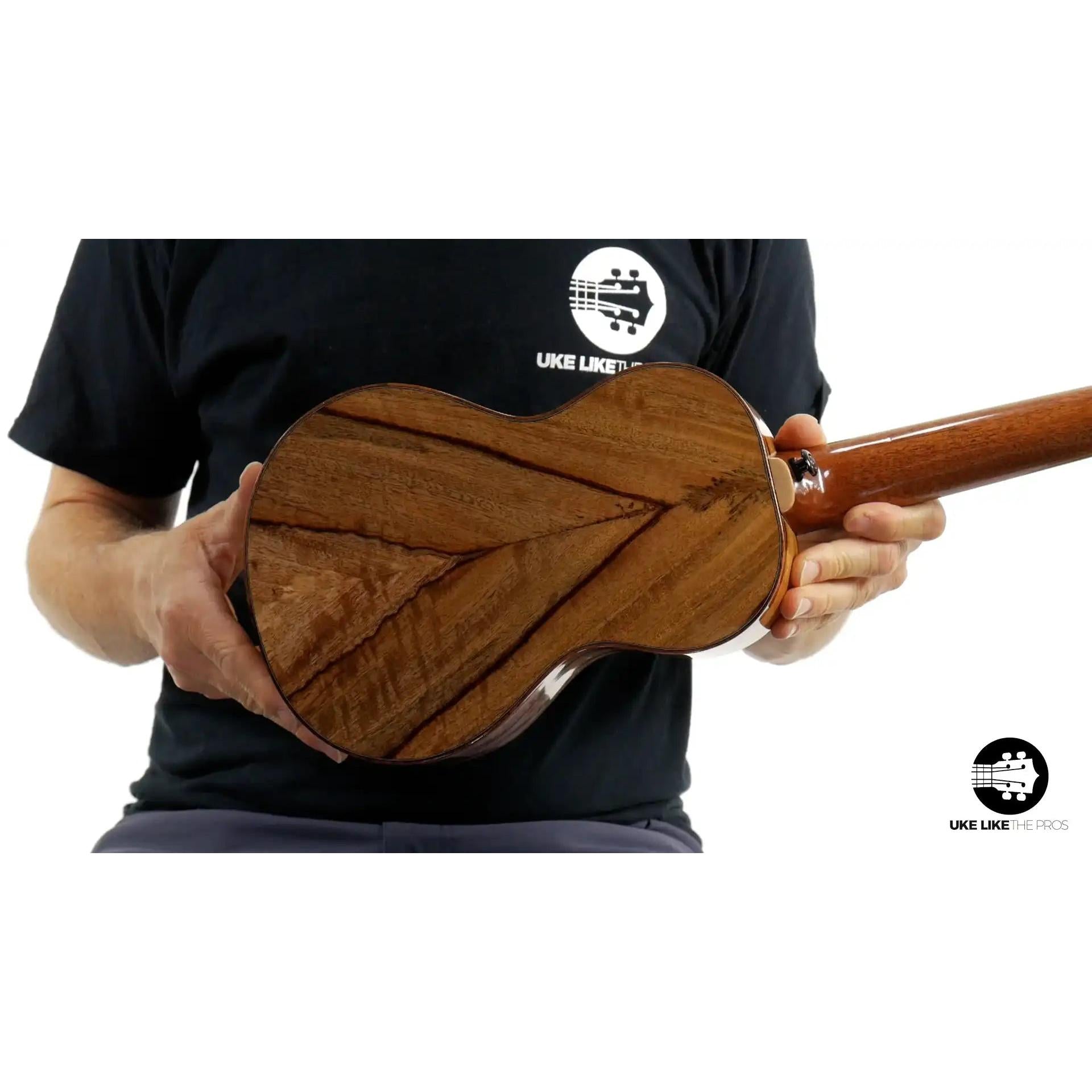Mya-Moe ukulele with unique chocolate heart wood grain back, available at Terry Carter Music Store