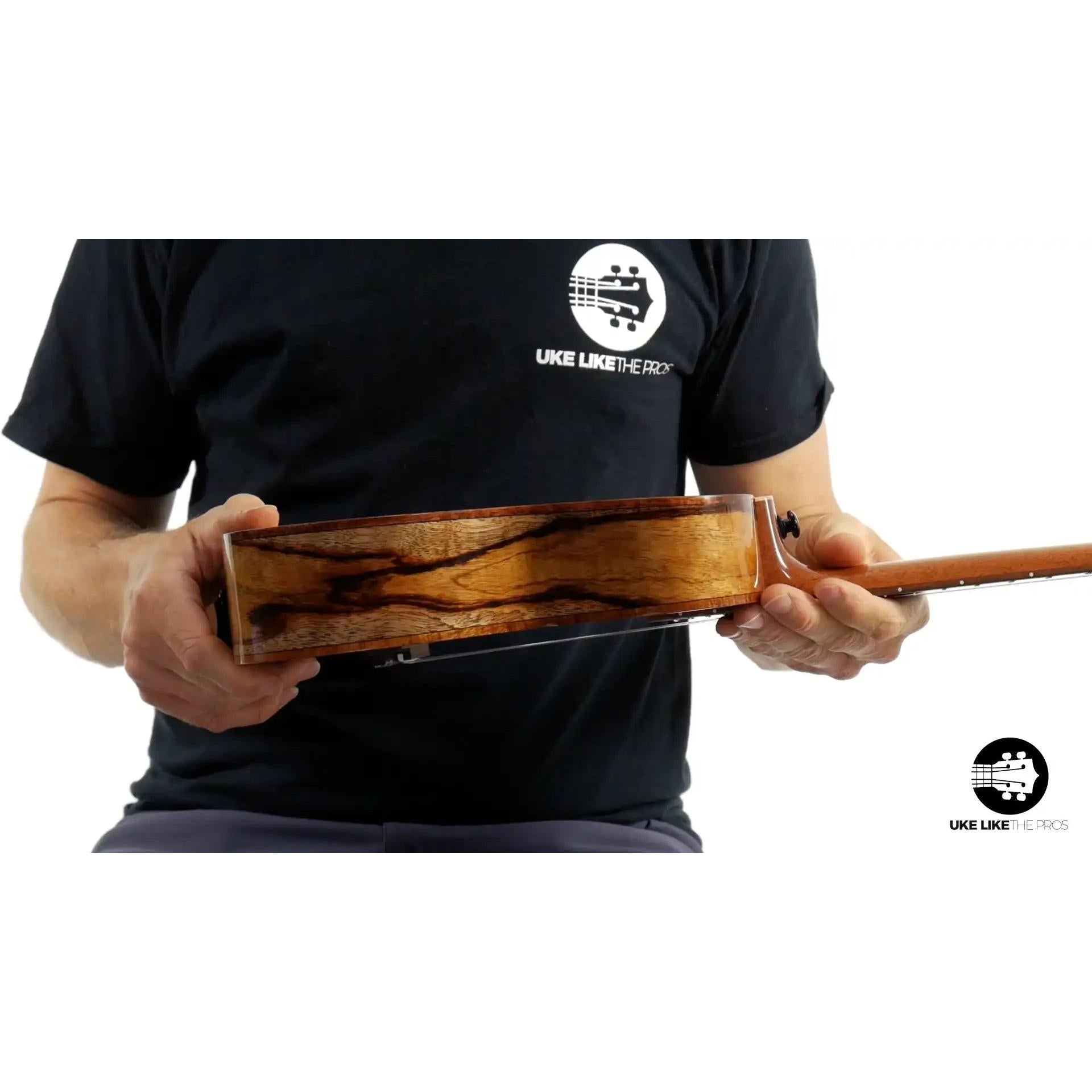 Mya-Moe Chocolate Heart wood ukulele side view, natural grain, Terry Carter Music Store