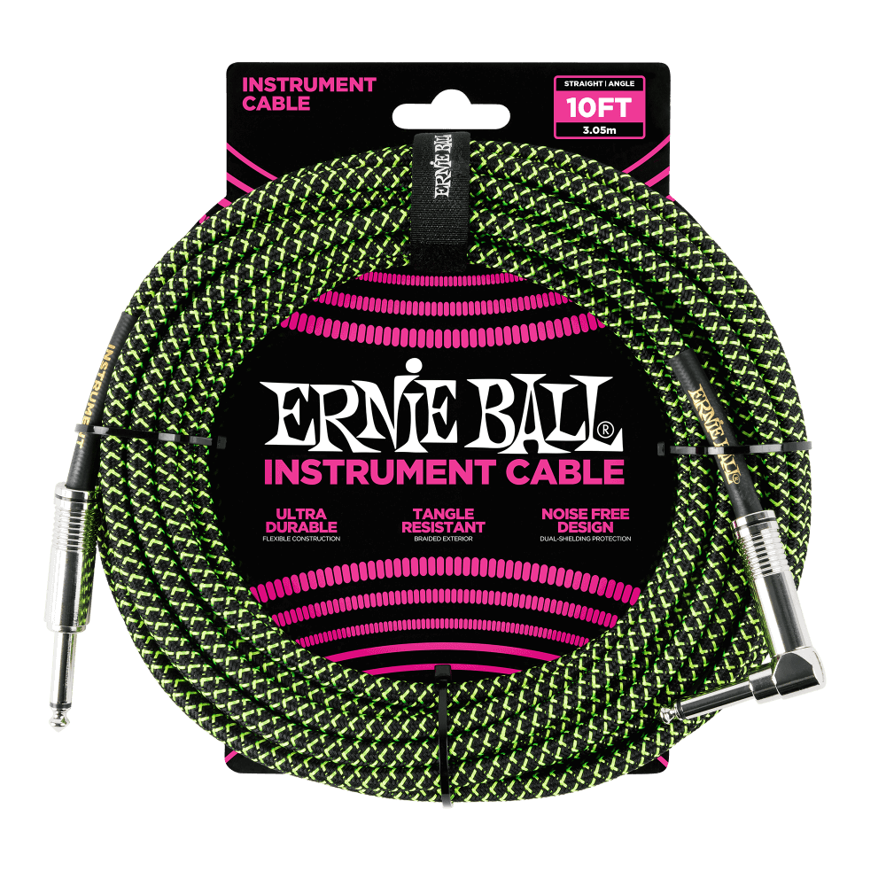 Ernie Ball 10 Foot Braided Straight/Angle Instrument Cable - BLACK / GREEN