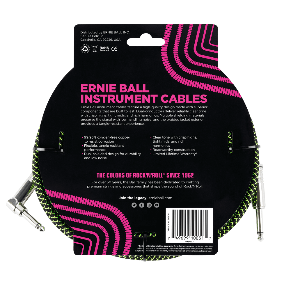 Ernie Ball 10 Foot Braided Straight/Angle Instrument Cable - BLACK / GREEN