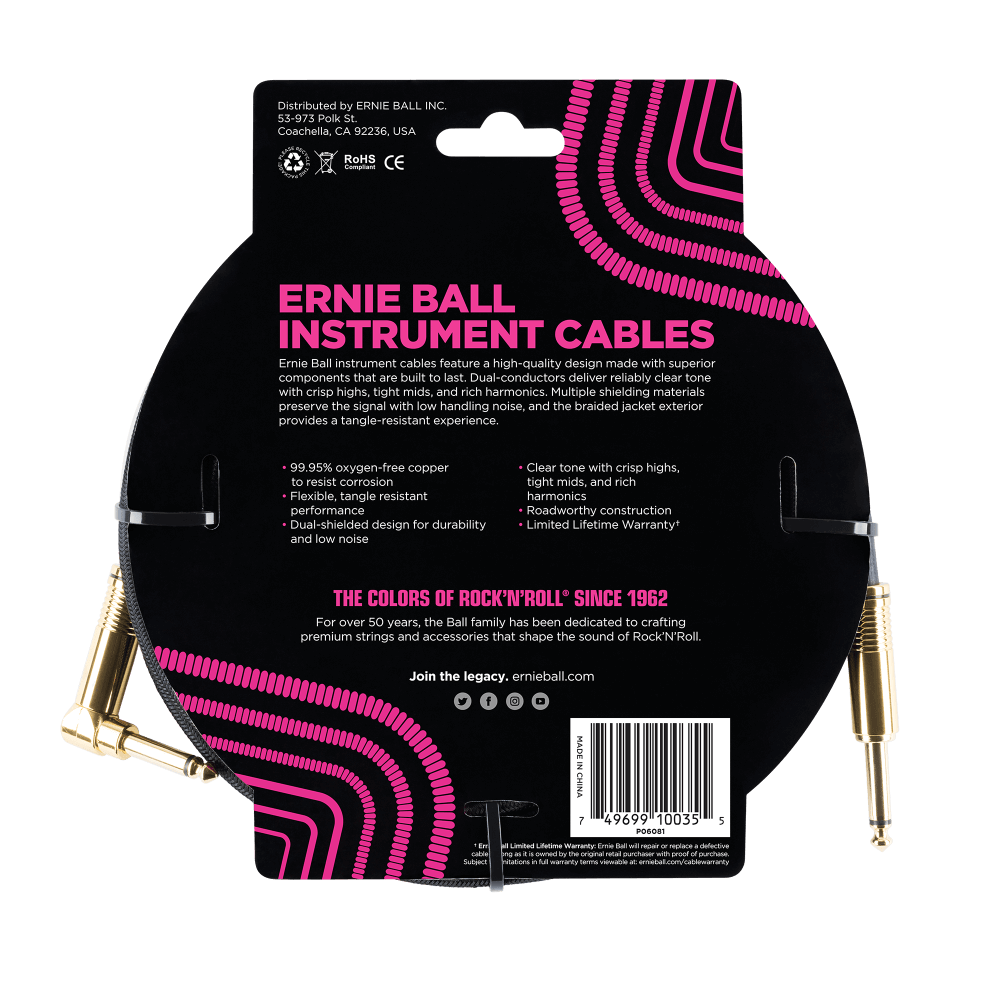 Ernie Ball 10 Foot Braided Straight/Angle Instrument Cable - BLACK