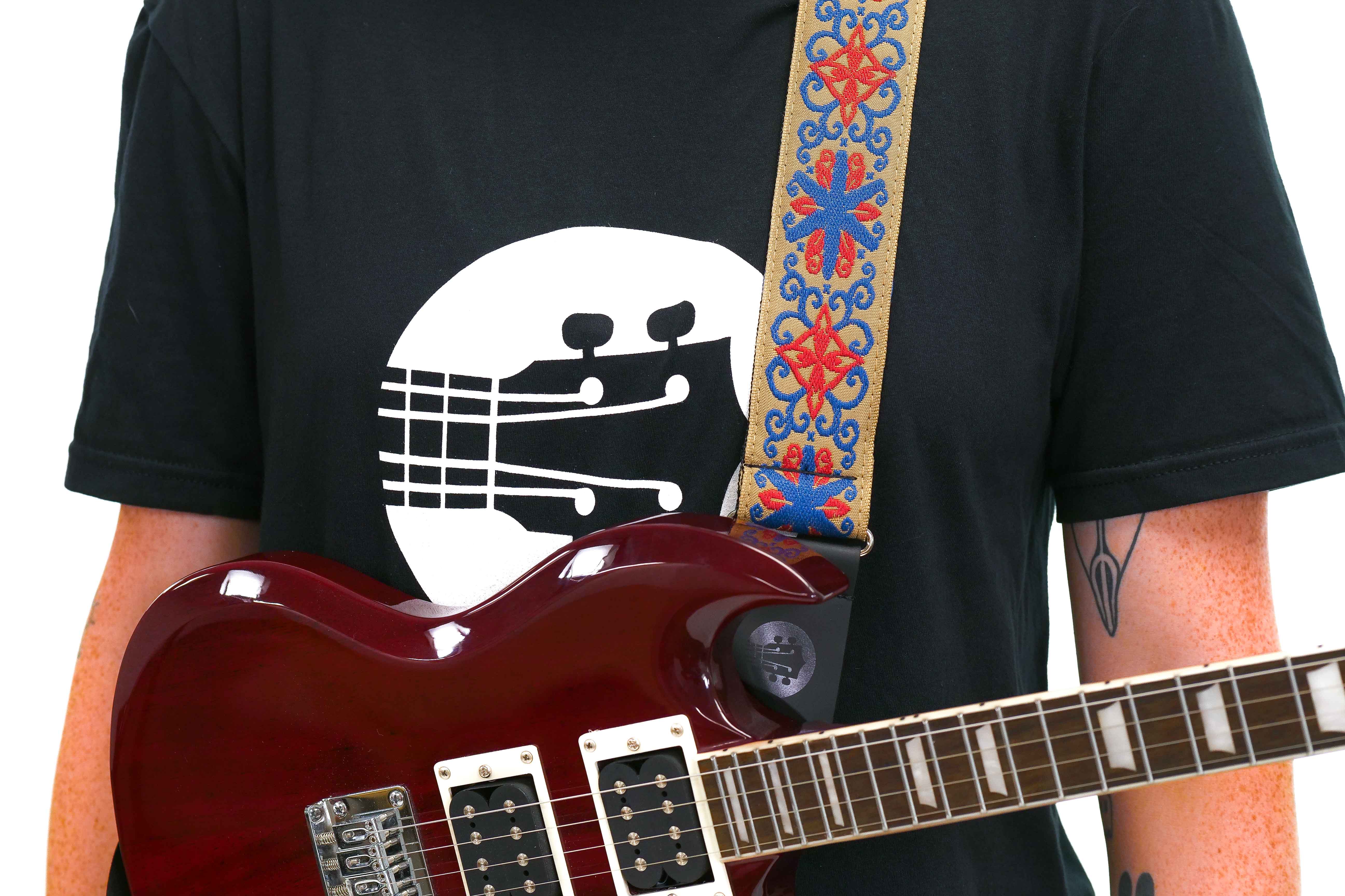 Terry Carter Music Store 2 Inch Deluxe Jacquard Guitar and Ukulele Strap - BLUE/RED WITH BLUE SPINNER