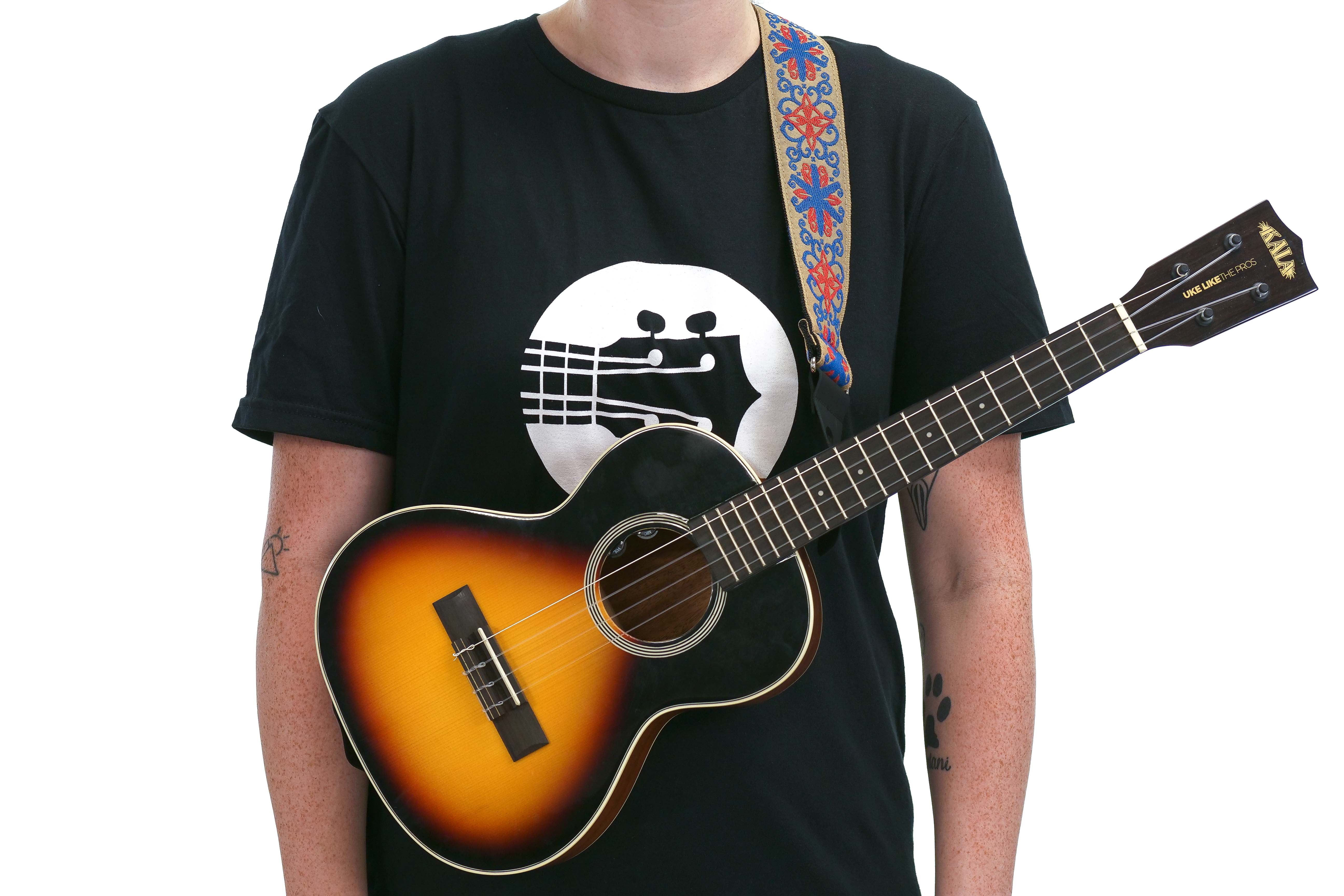 Terry Carter Music Store 2 Inch Deluxe Jacquard Guitar and Ukulele Strap - BLUE/RED WITH BLUE SPINNER