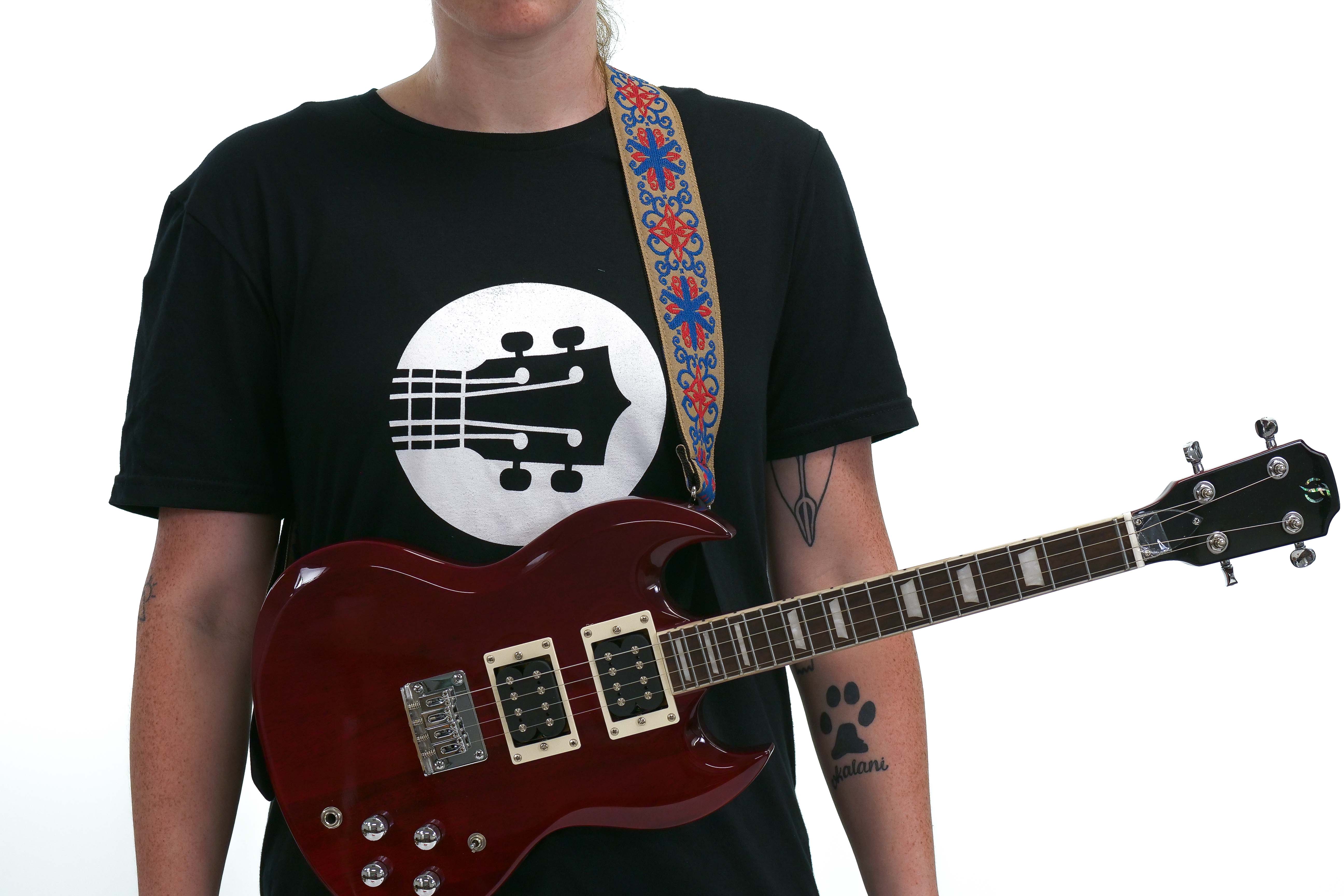 Terry Carter Music Store 2 Inch Deluxe Jacquard Guitar and Ukulele Strap - BLUE/RED WITH BLUE SPINNER