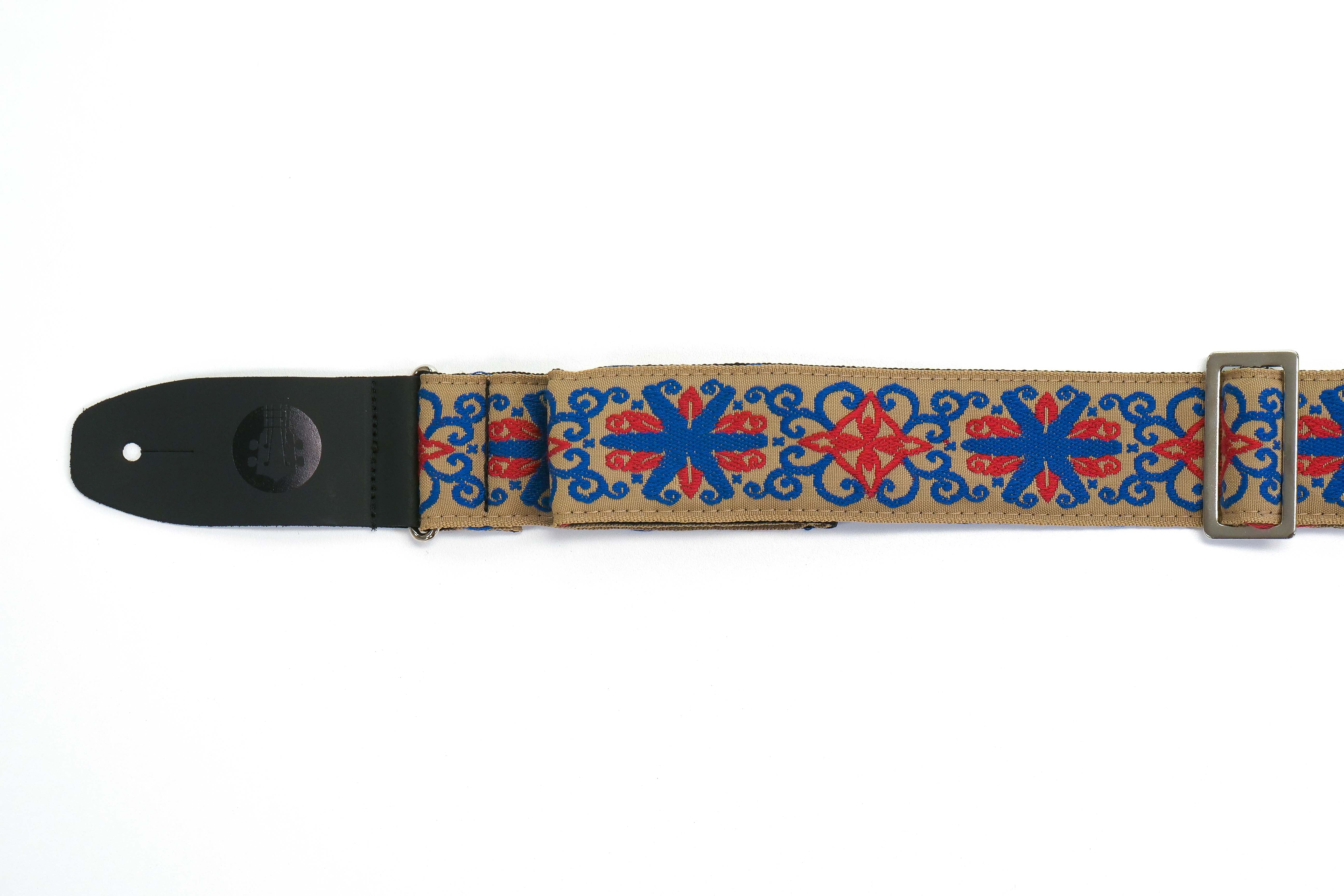 Terry Carter Music Store 2 Inch Deluxe Jacquard Guitar and Ukulele Strap - BLUE/RED WITH BLUE SPINNER