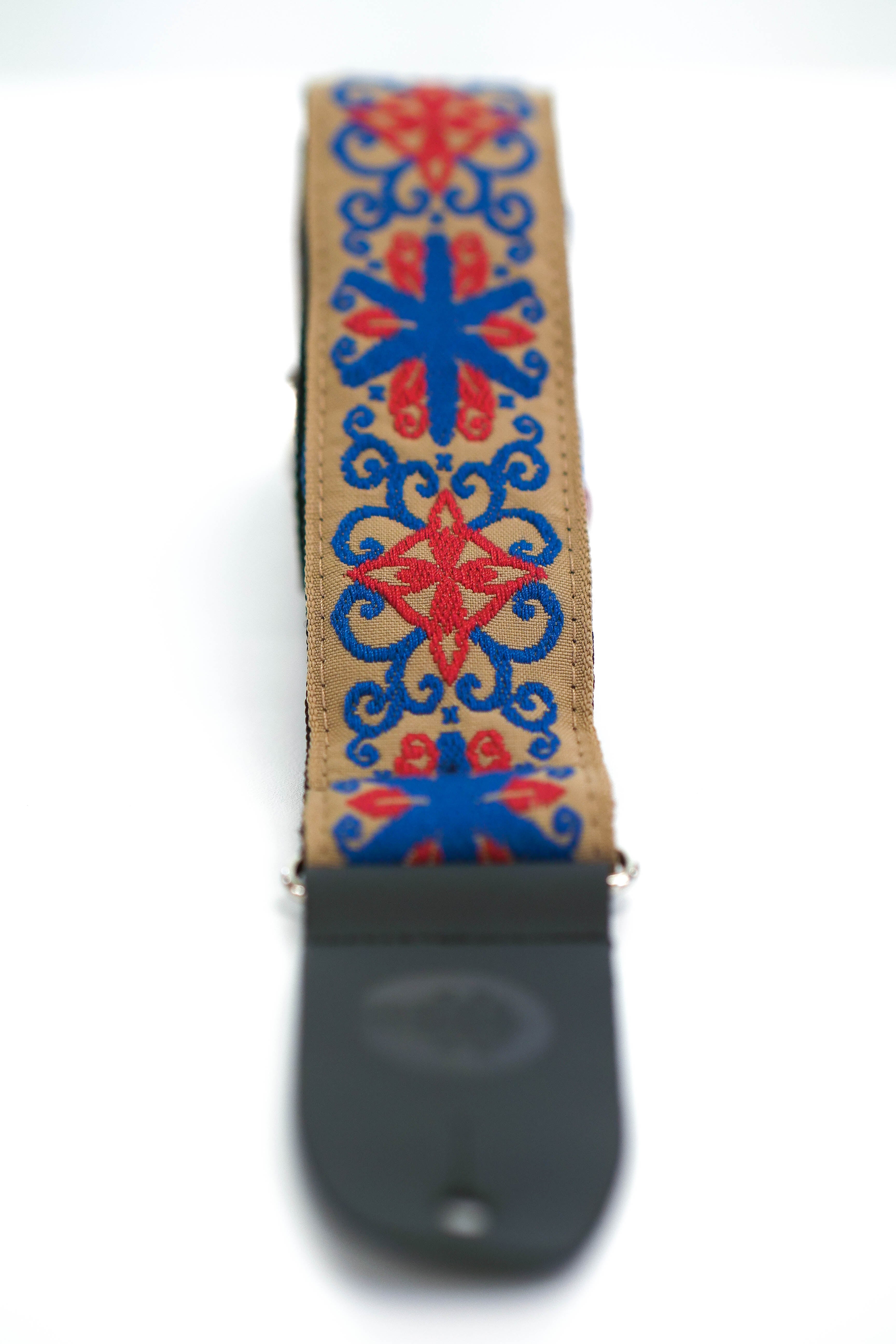 Terry Carter Music Store 2 Inch Deluxe Jacquard Guitar and Ukulele Strap - BLUE/RED WITH BLUE SPINNER