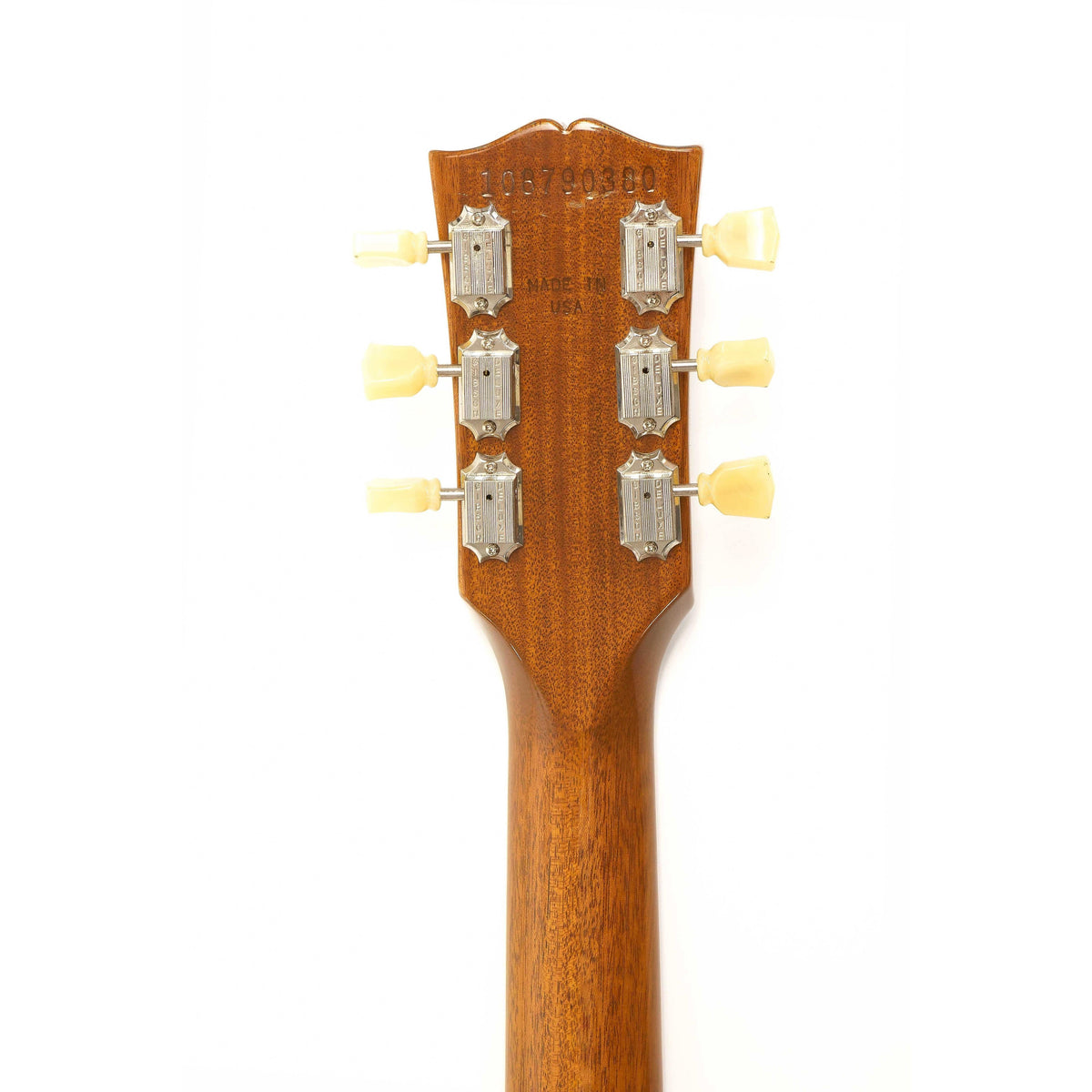 Back of the Gibson Les Paul Goldtop headstock with mahogany finish and vintage-style tuner buttons