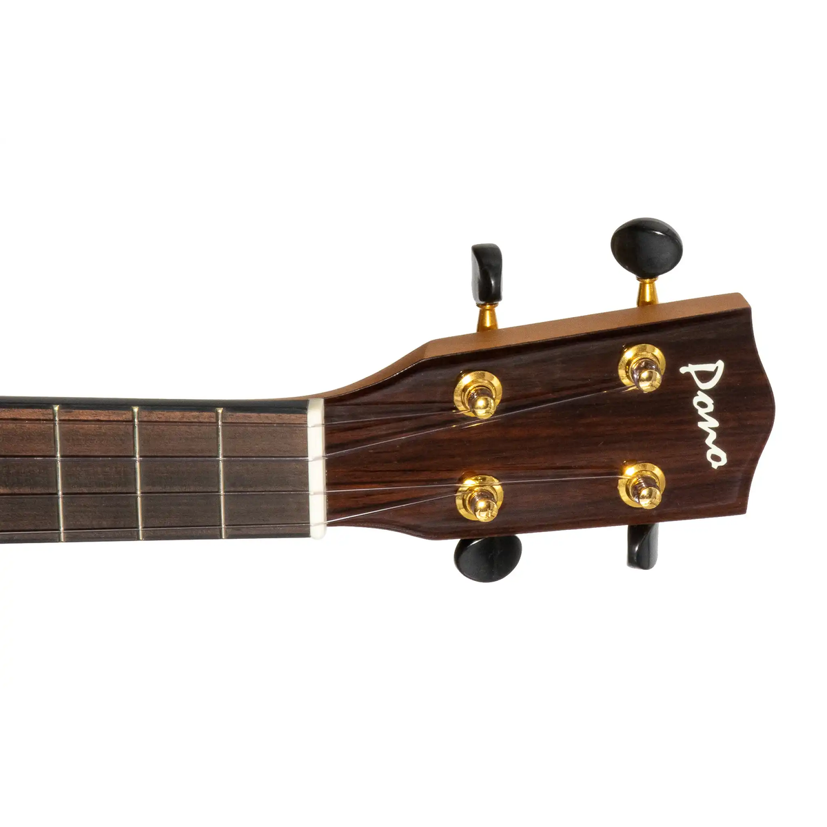 Pono MGCDP headstock side view with ebony fretboard and gold tuners