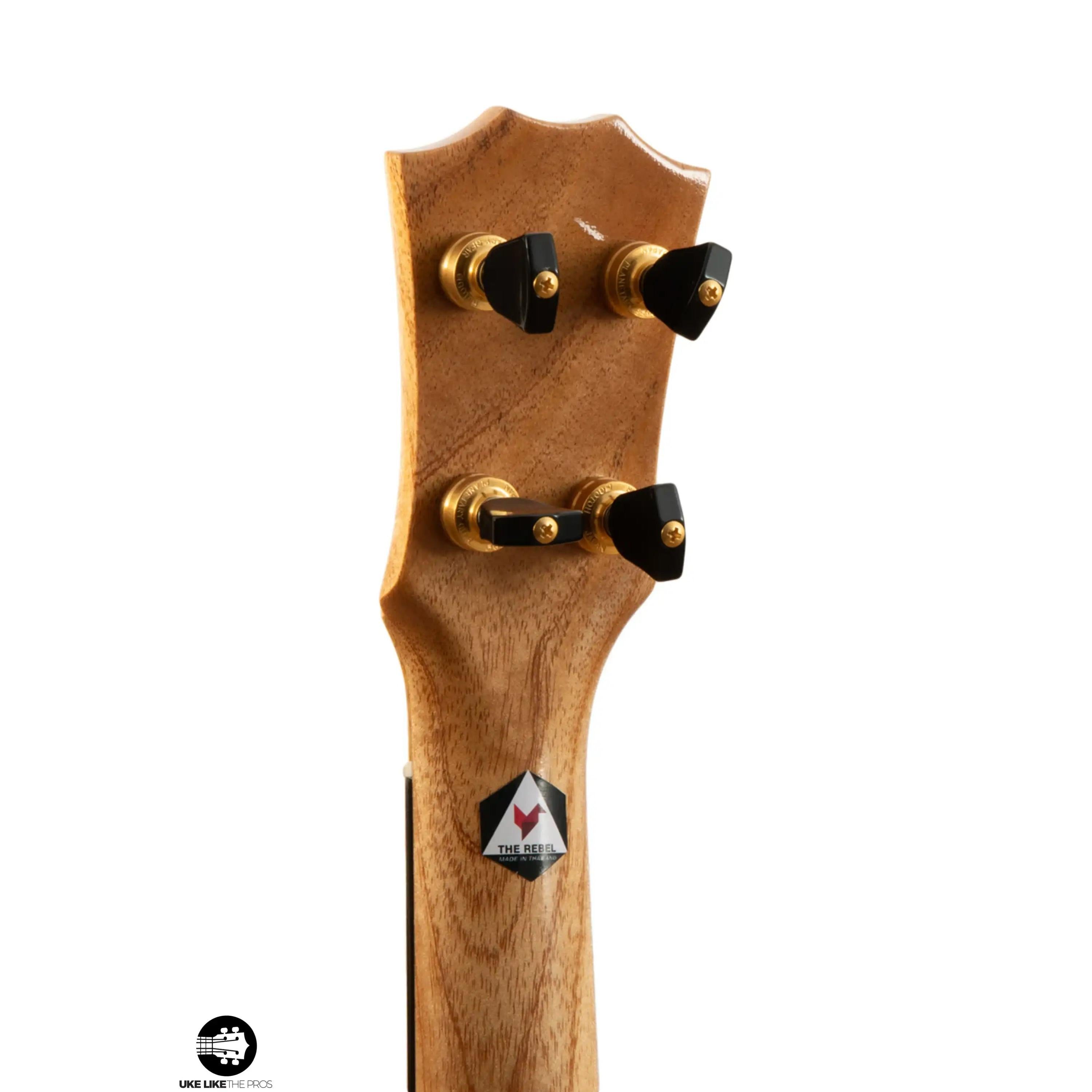 The Rebel ukulele headstock in natural wood with gold tuners, Terry Carter Music Store