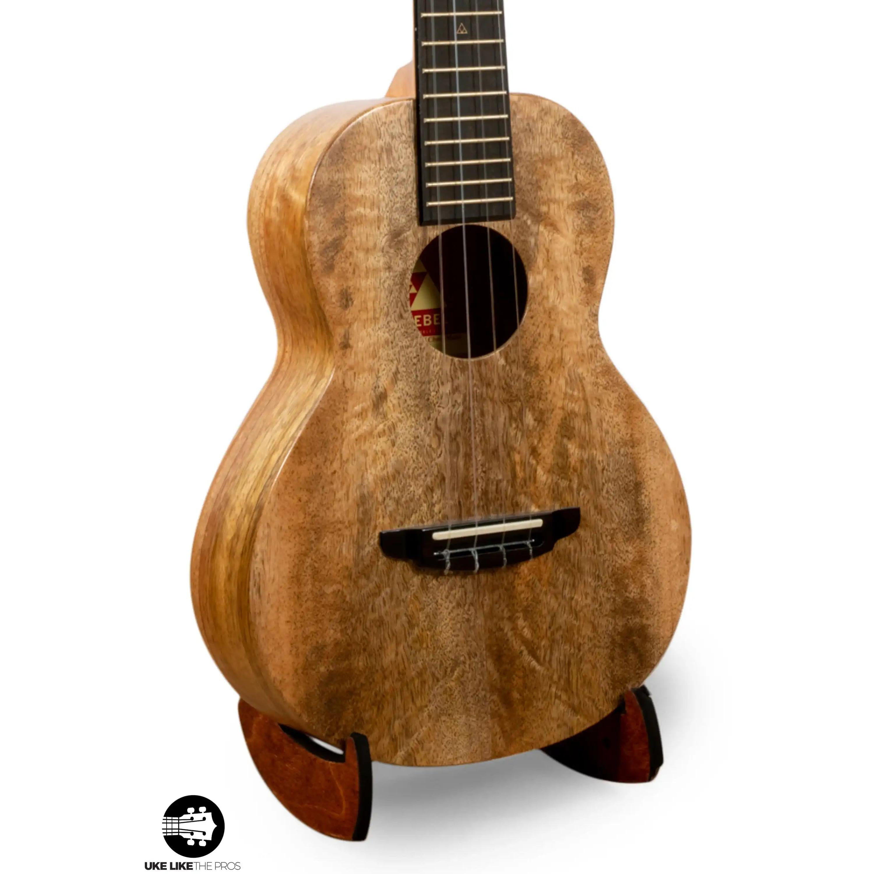 Rebel ukulele with natural figured wood body on stand at Terry Carter Music Store