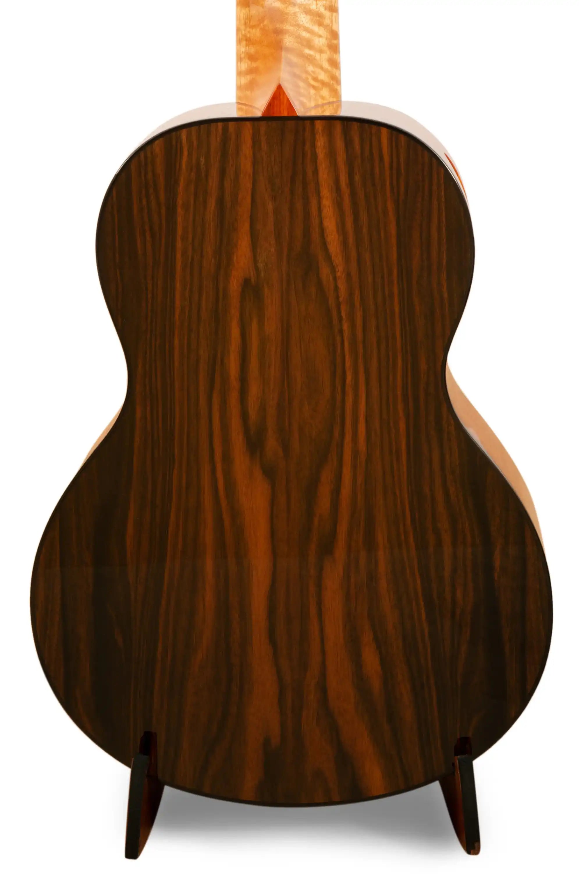 Back of Romero Creations guitar with dark wood grain, Terry Carter Music Store