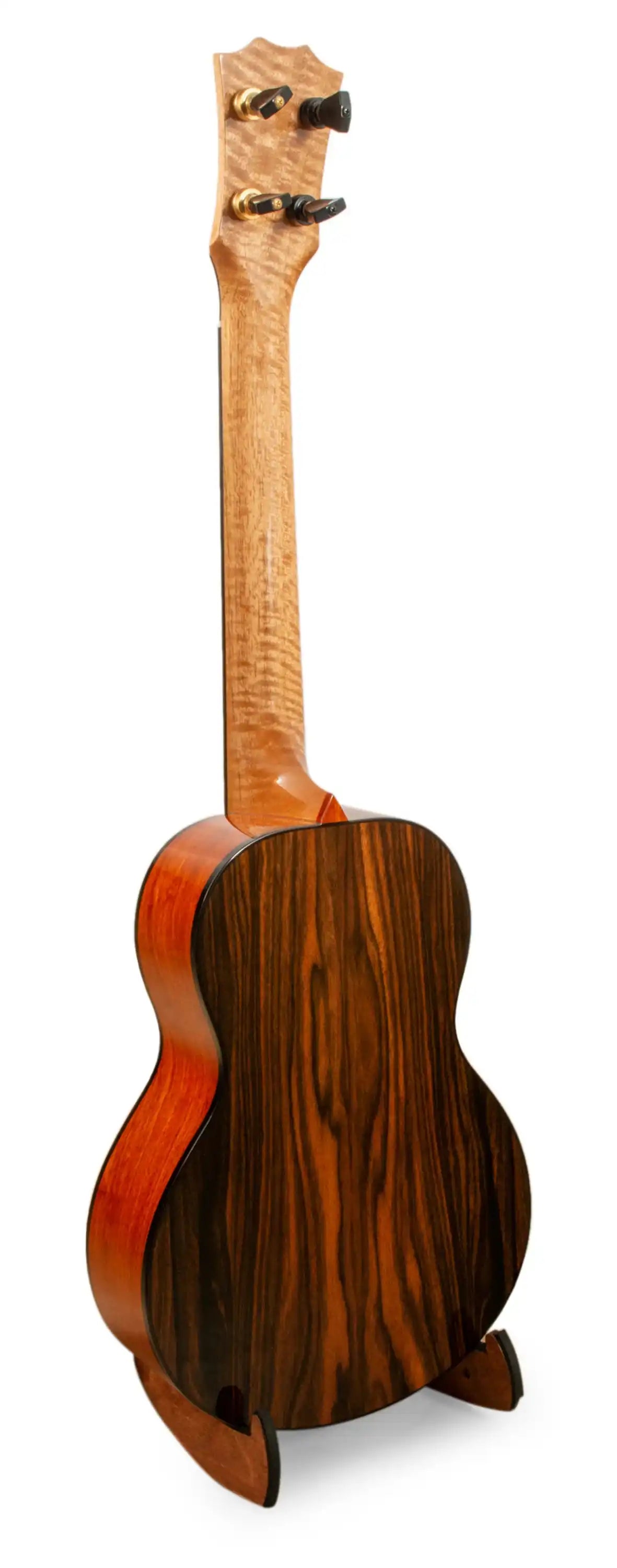 Rear view of ukulele with figured wood neck and dark wood back, Terry Carter Music Store