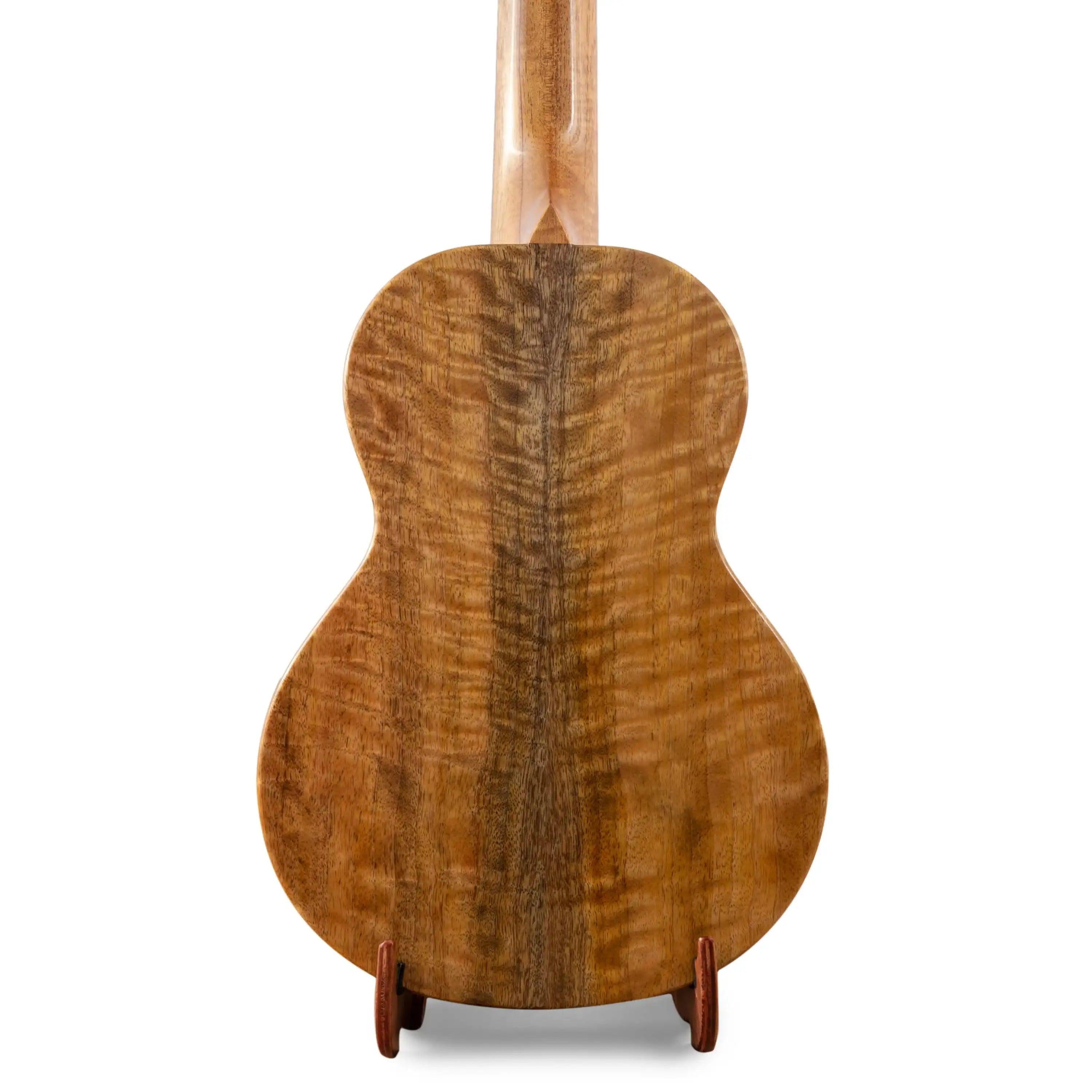 Curly koa wood back of a ukulele on stand at Terry Carter Music Store