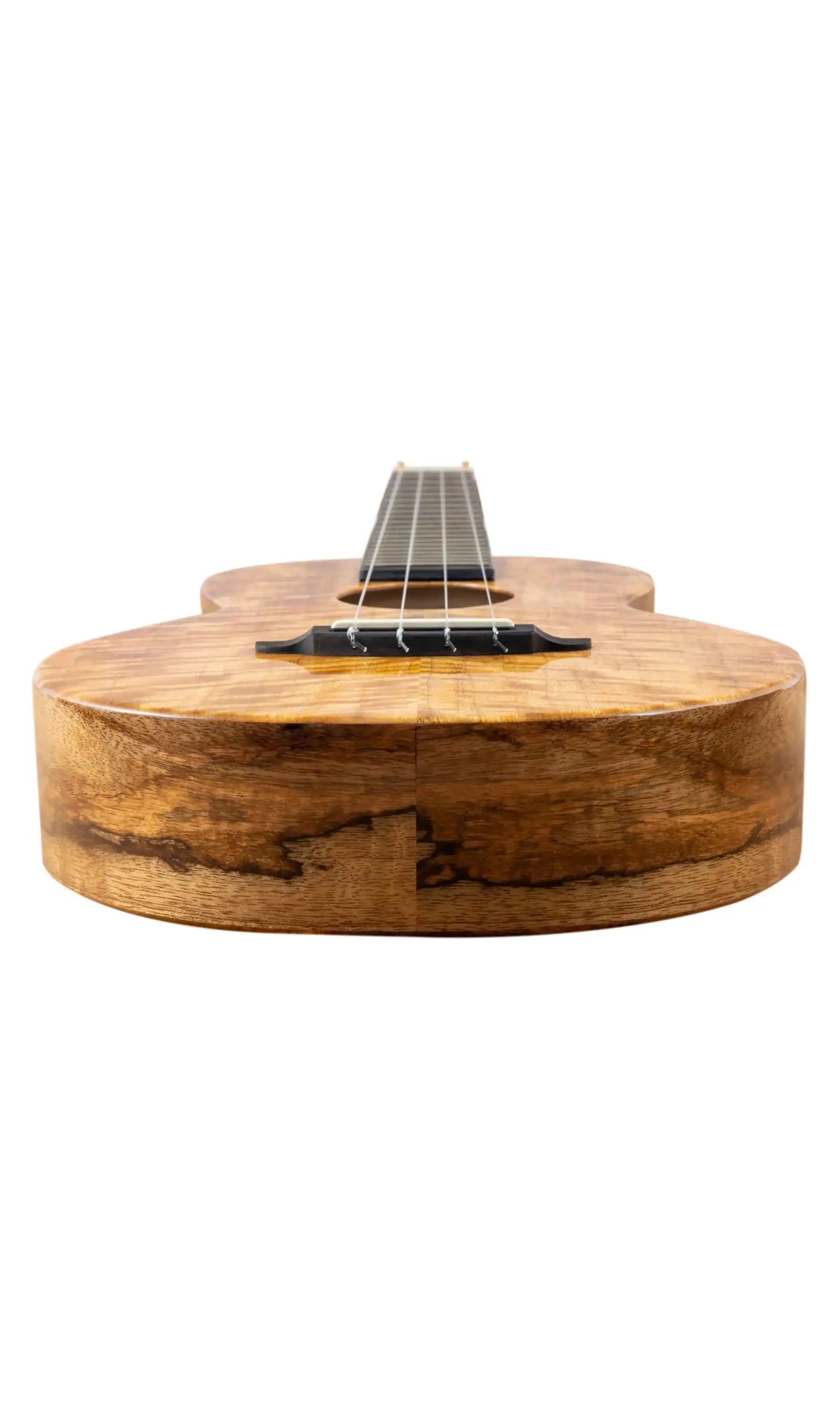Glossy wood ukulele body close-up with visible grain, featured at Terry Carter Music Store.