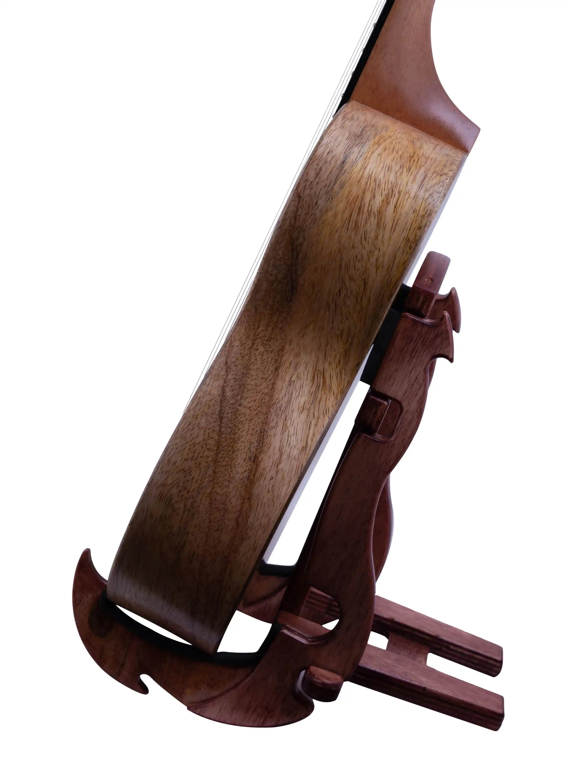 Natural wood string instrument side view on wood stand, Terry Carter Music Store