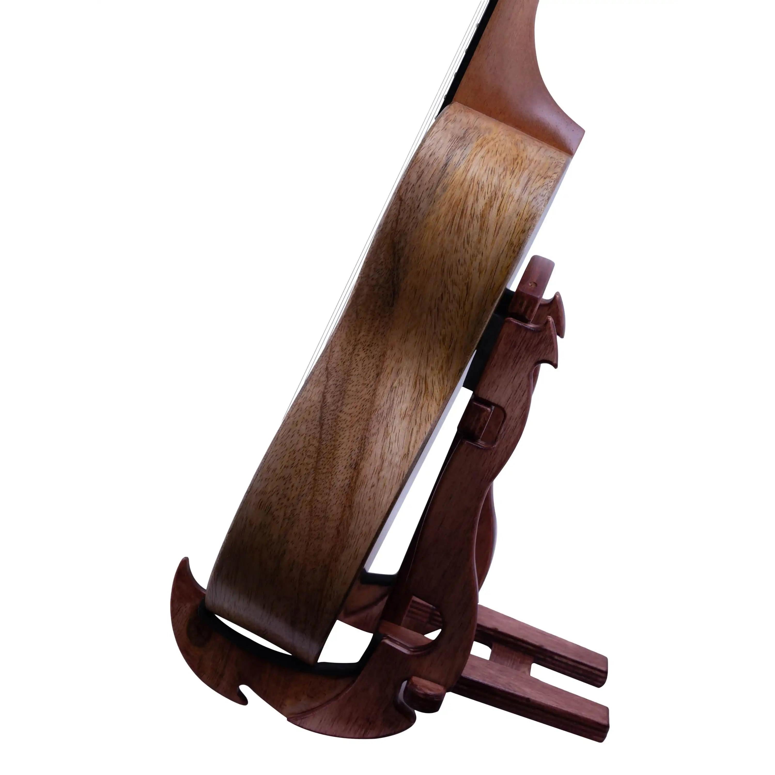 Natural wood string instrument side view on wood stand, Terry Carter Music Store
