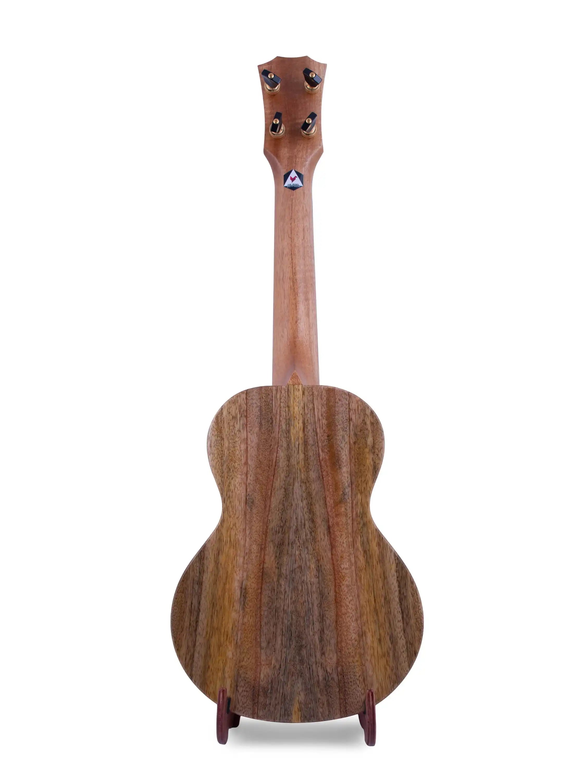 Rebel ukulele back view with natural wood grain finish, displayed at Terry Carter Music Store