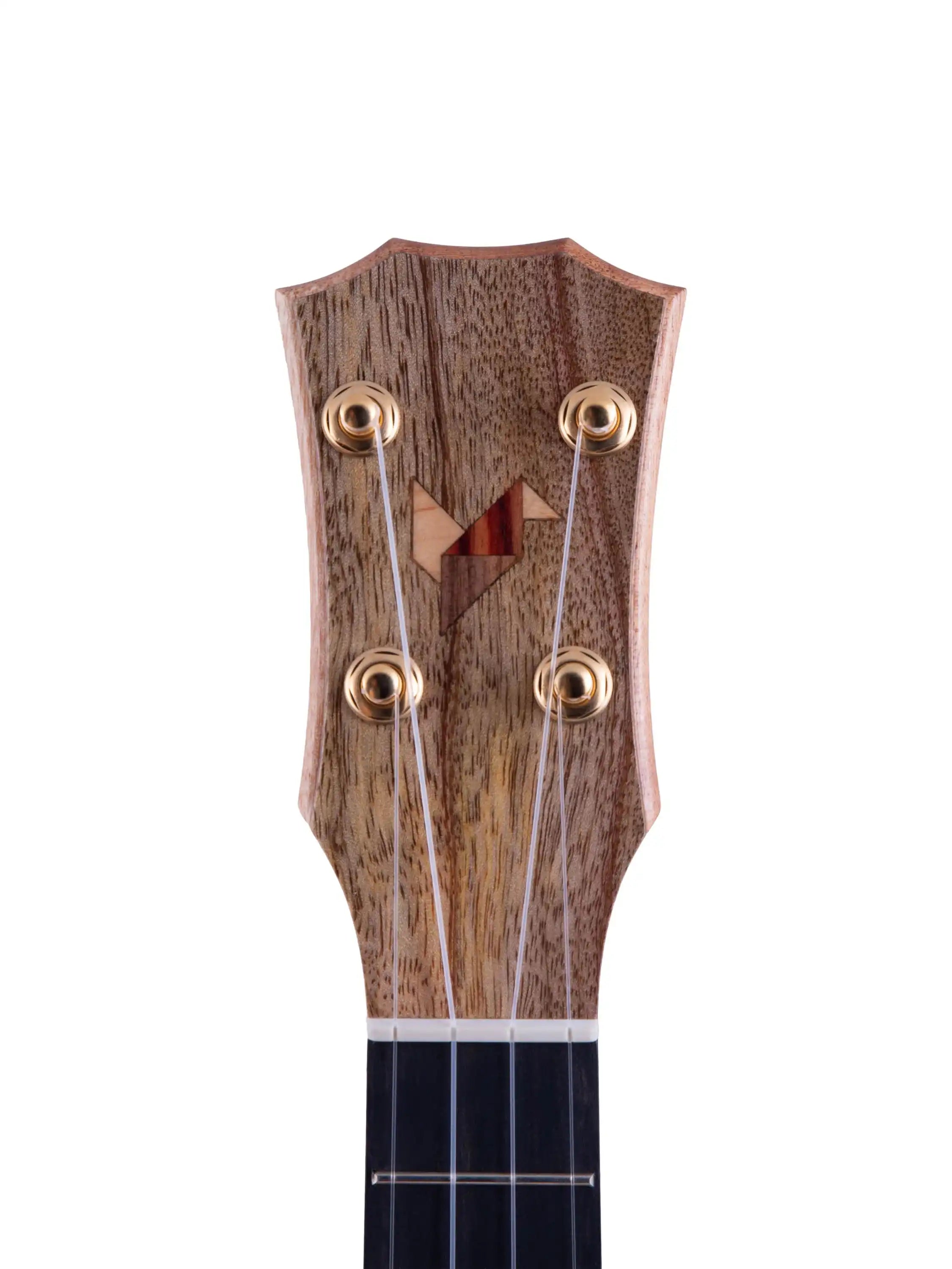 Rebel ukulele headstock with natural wood grain and gold tuners at Terry Carter Music Store
