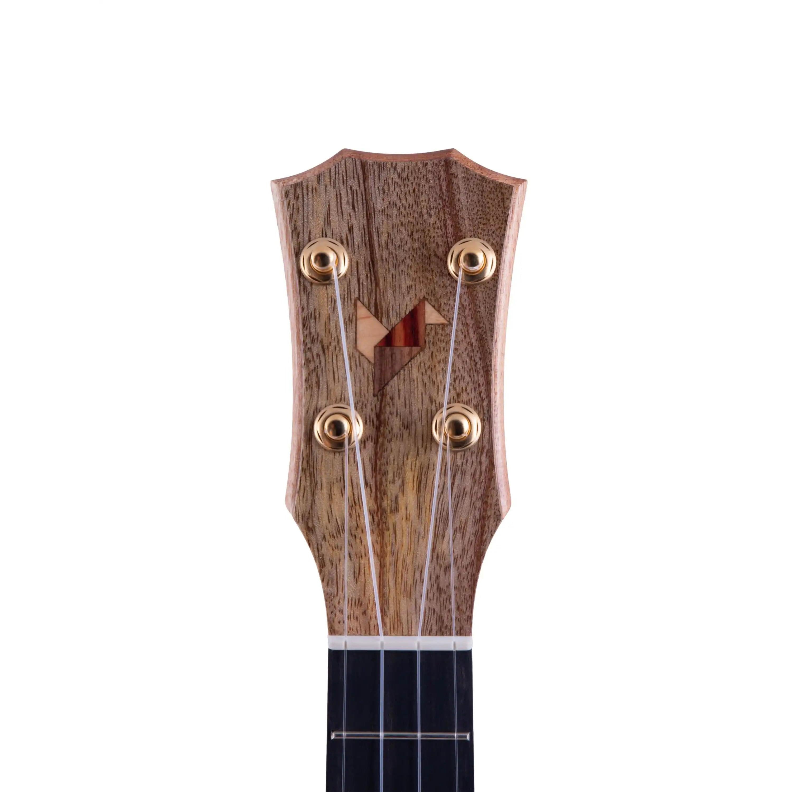 Rebel ukulele headstock with natural wood grain and gold tuners at Terry Carter Music Store