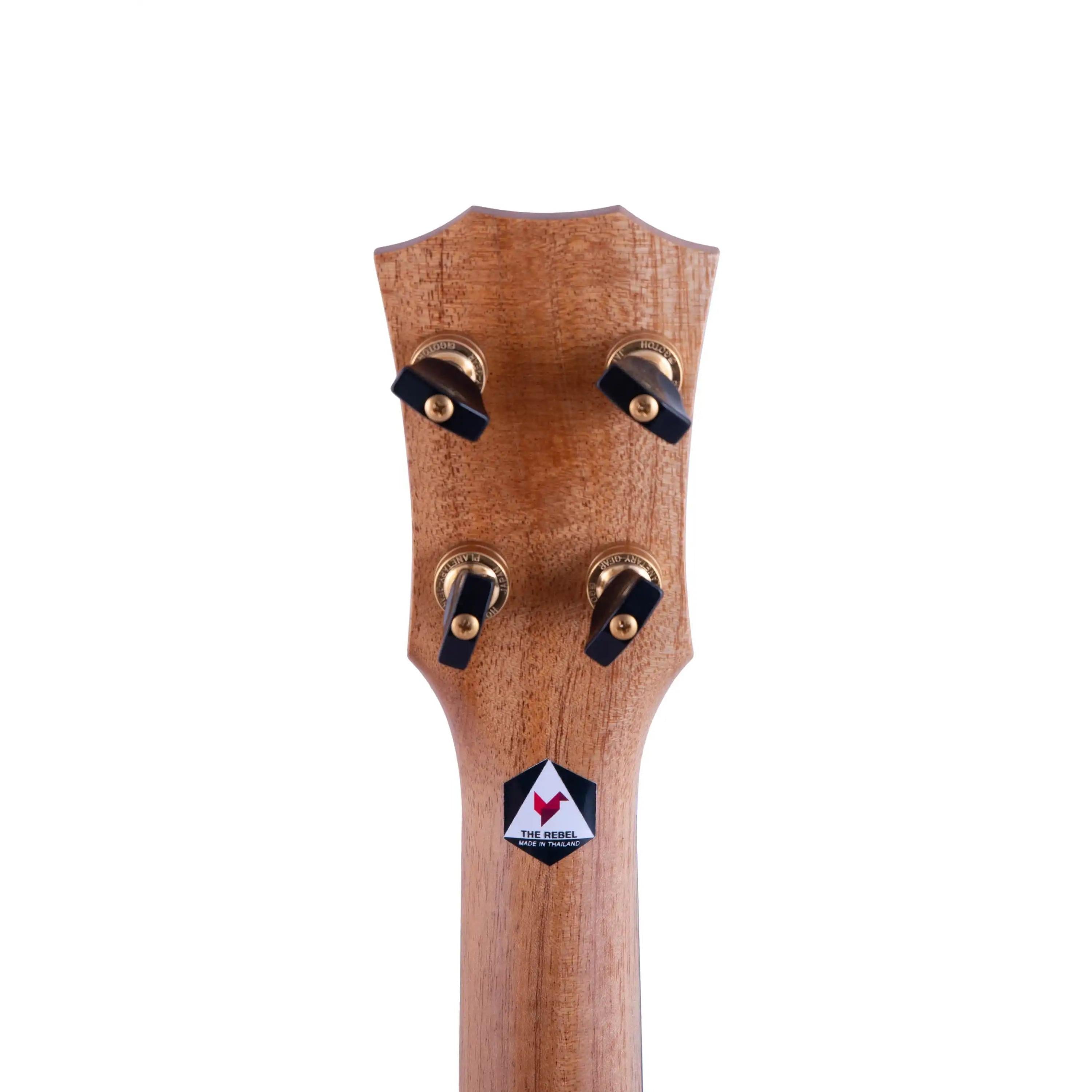 The Rebel ukulele mahogany headstock with gold tuners, Terry Carter Music Store