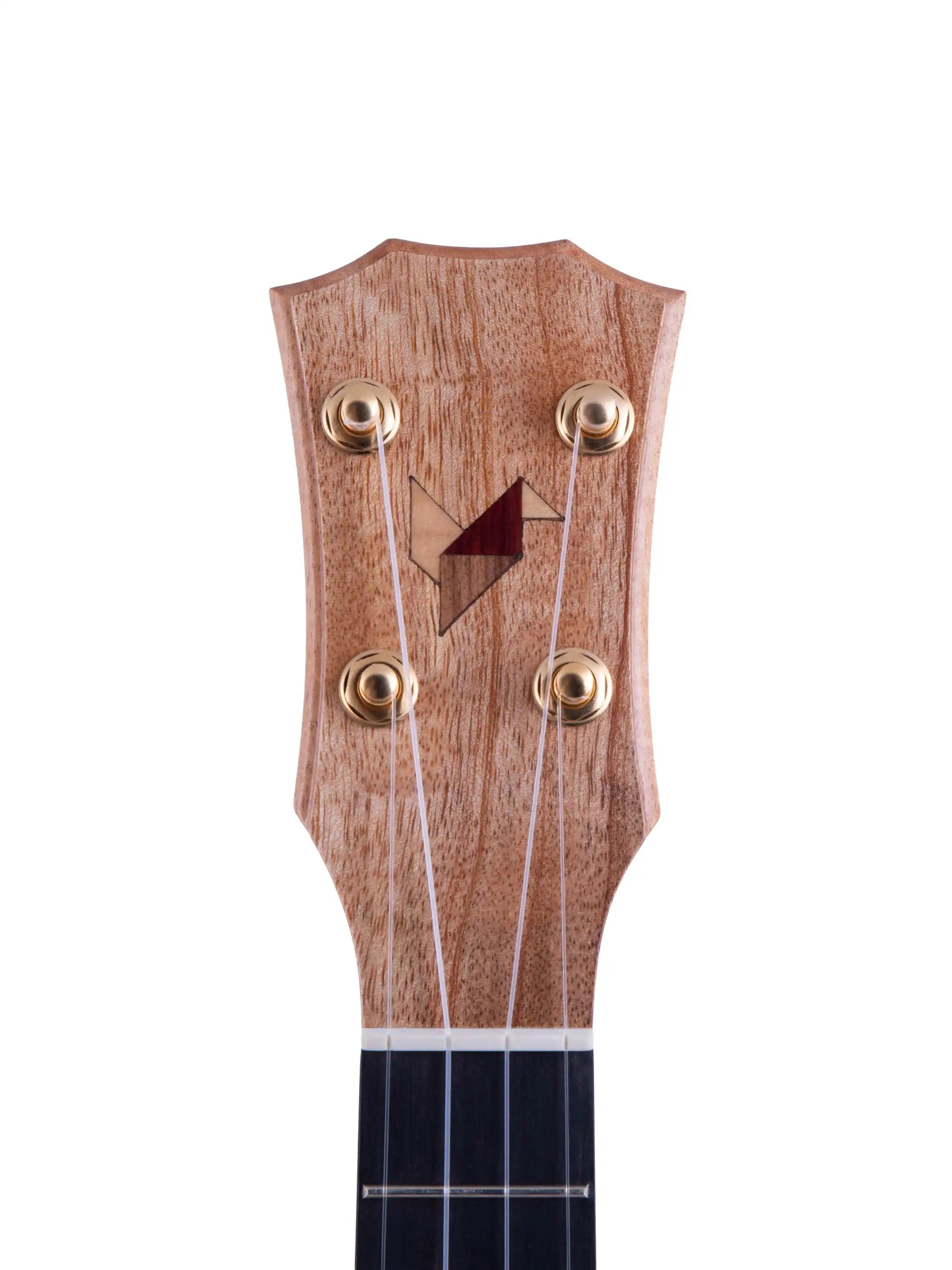 Rebel ukulele headstock with natural wood finish and gold tuners at Terry Carter Music Store