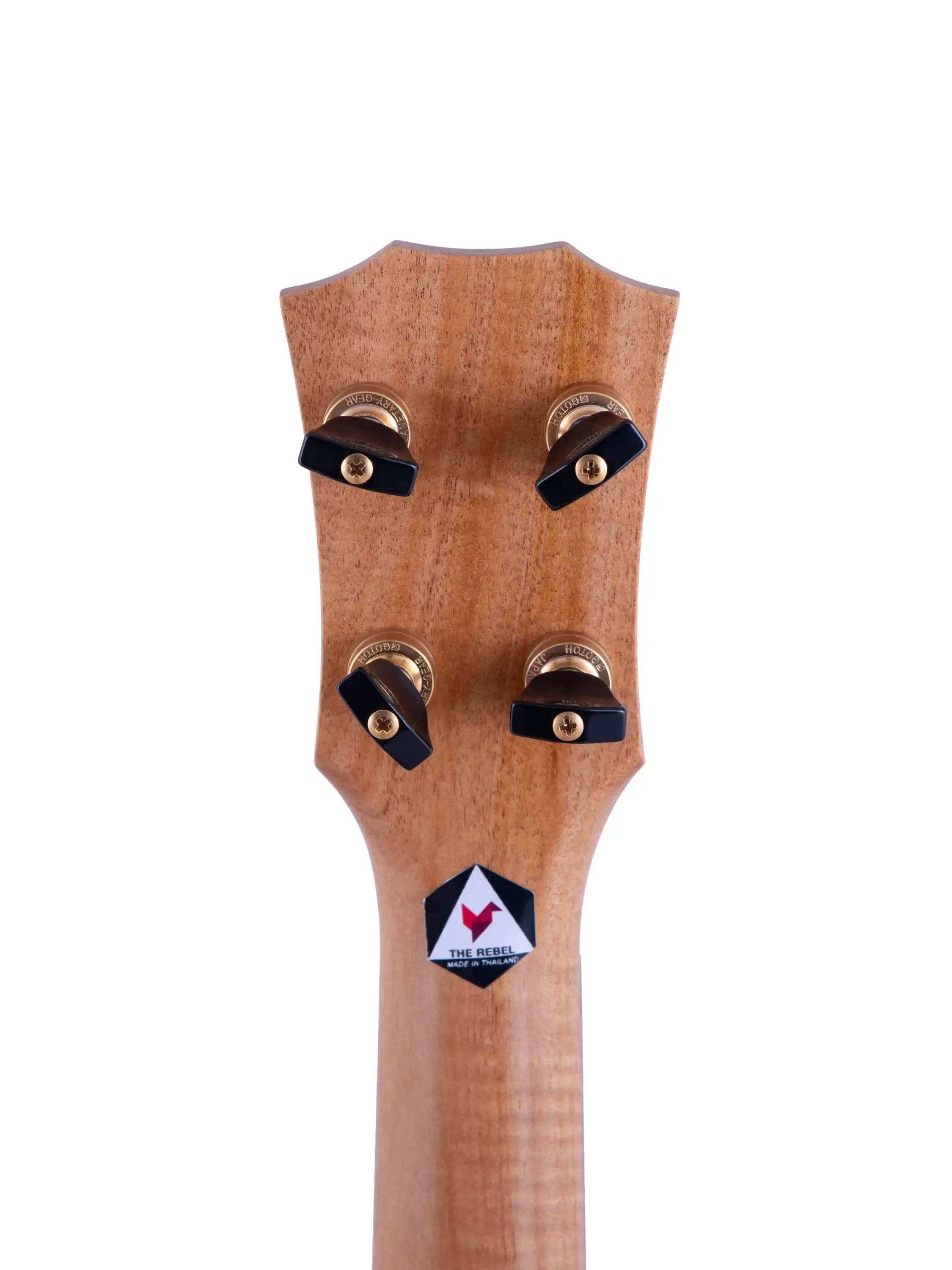 The Rebel ukulele headstock with gold tuners, natural wood finish, Terry Carter Music Store