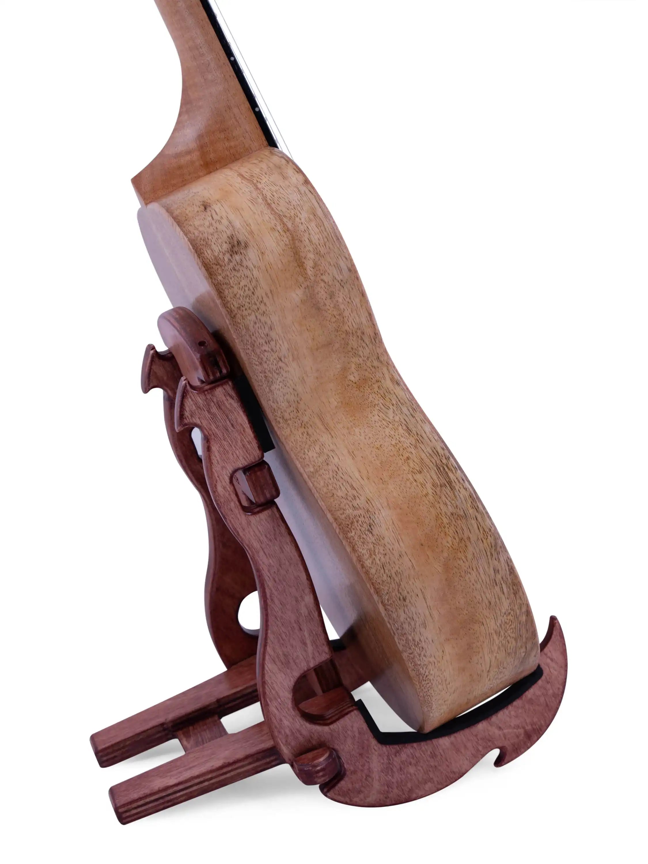 Rebel natural wood ukulele side view on wooden stand at Terry Carter Music Store