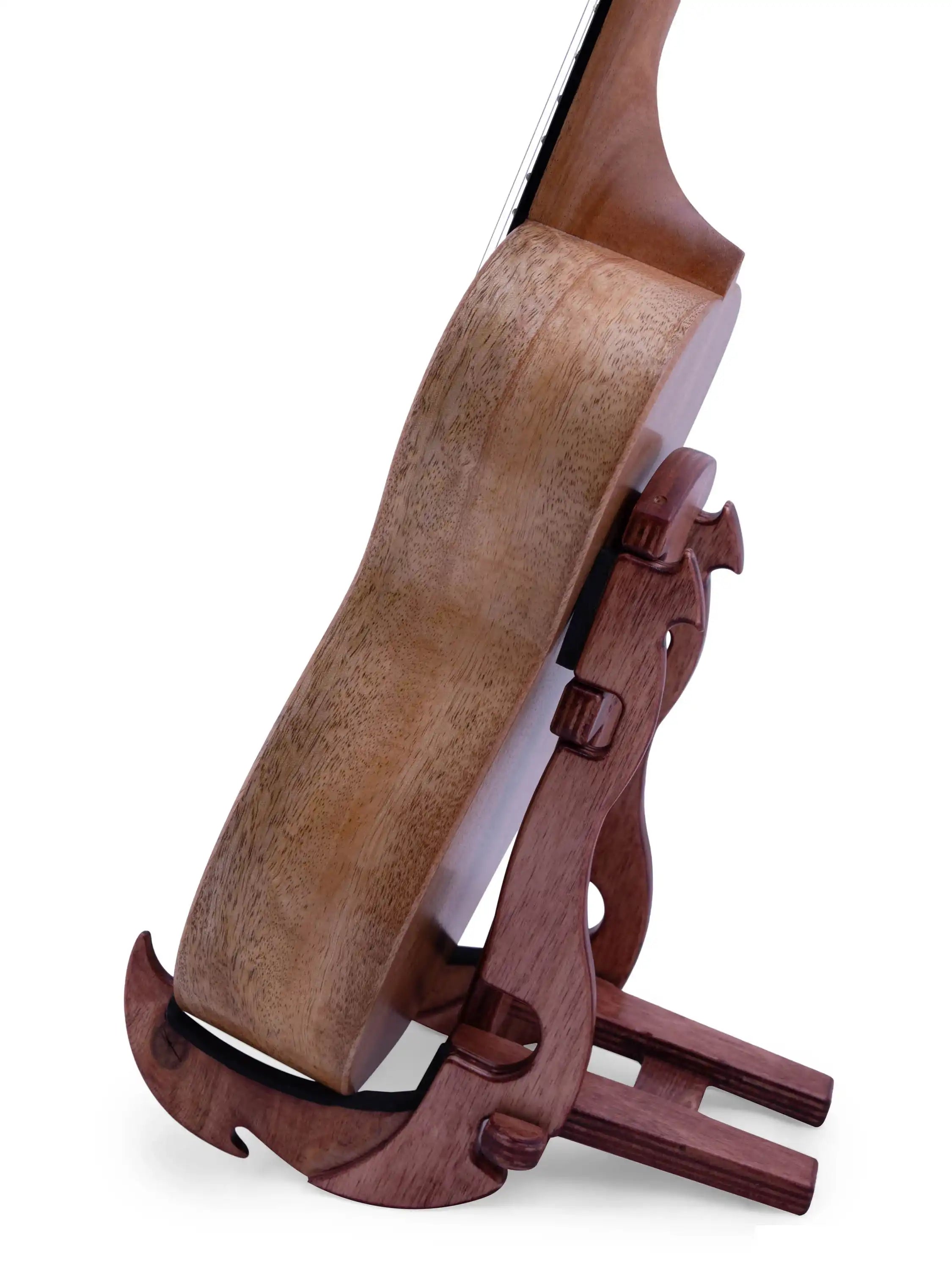 Side view of mahogany ukulele body on wooden stand at Terry Carter Music Store