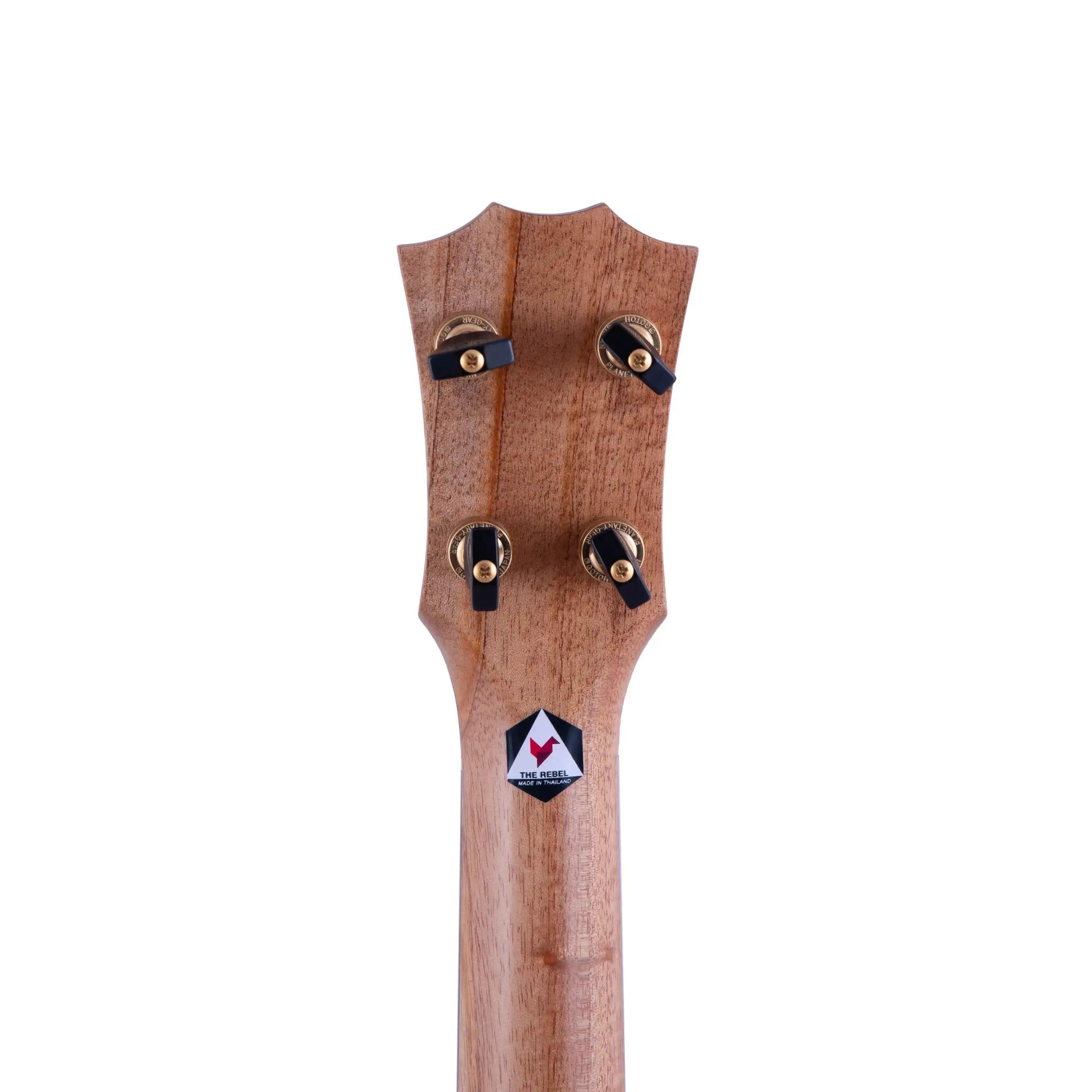 The Rebel ukulele headstock with matte finish wood and gold tuners at Terry Carter Music Store