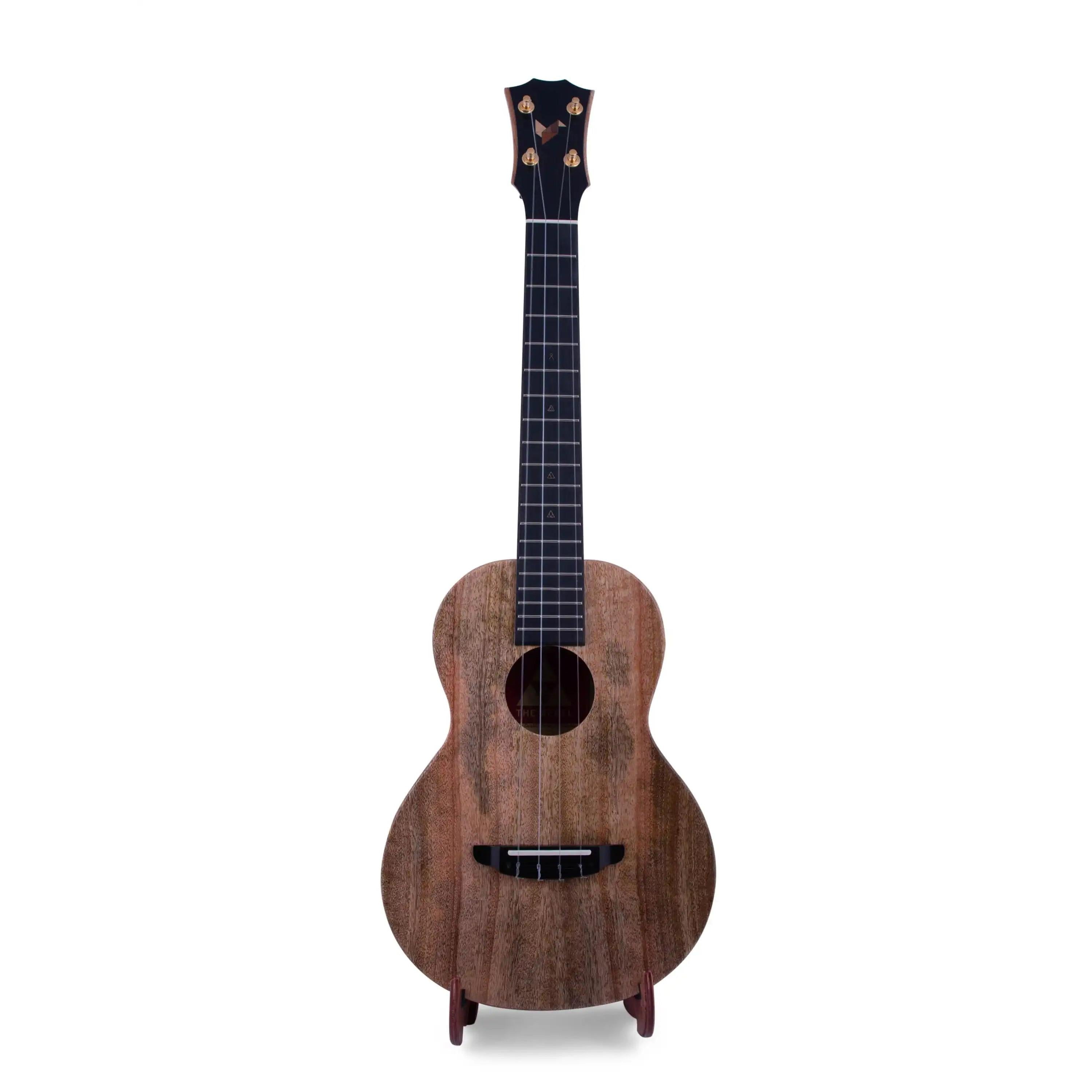Rebel matte finish wooden ukulele on stand, front view, Terry Carter Music Store