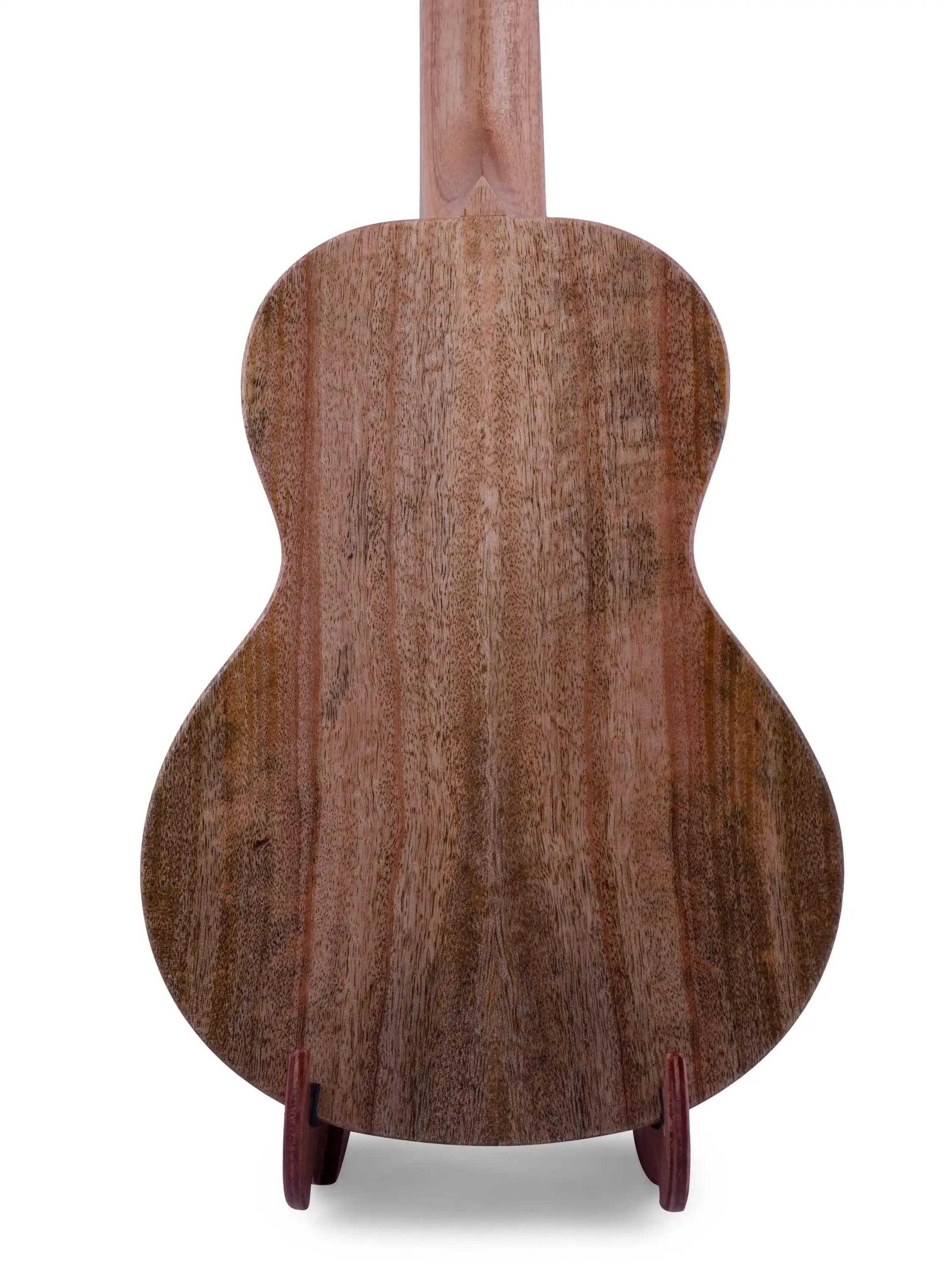 Rebel ukulele back view showing matte natural wood grain, featured at Terry Carter Music Store