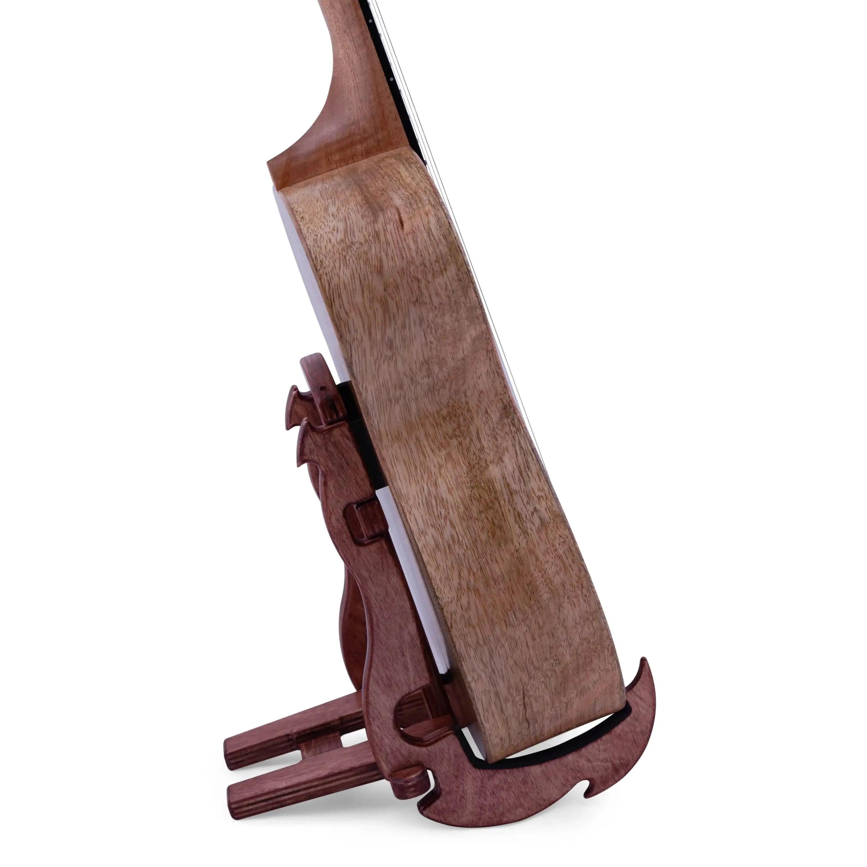 Mahogany string instrument side view on seahorse-shaped wooden stand at Terry Carter Music Store