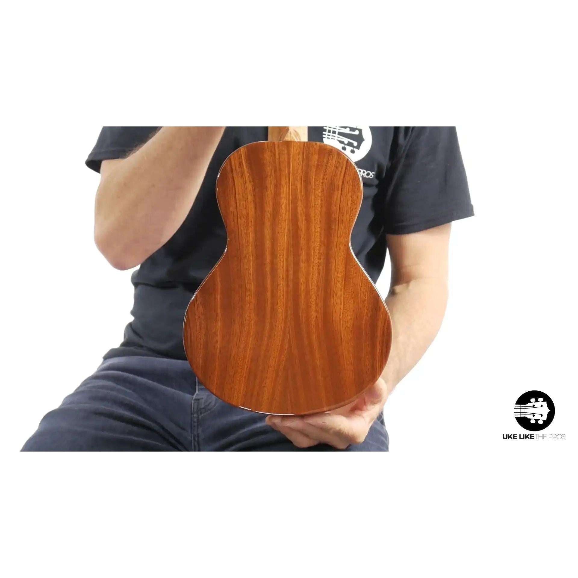 Rebel Double Cheese ukulele back view, rich wood grain finish, Terry Carter Music Store