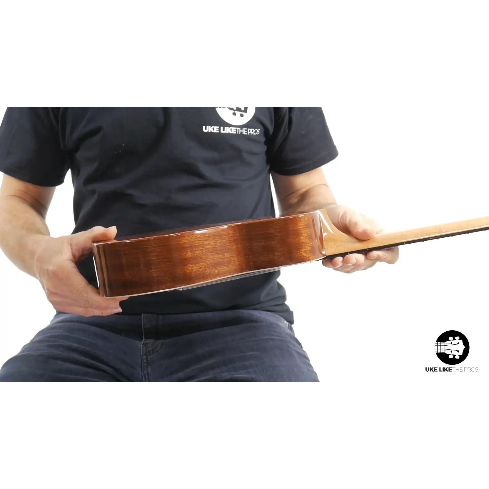 Rebel Double Cheese Spitfire ukulele side view, natural wood finish, Terry Carter Music Store