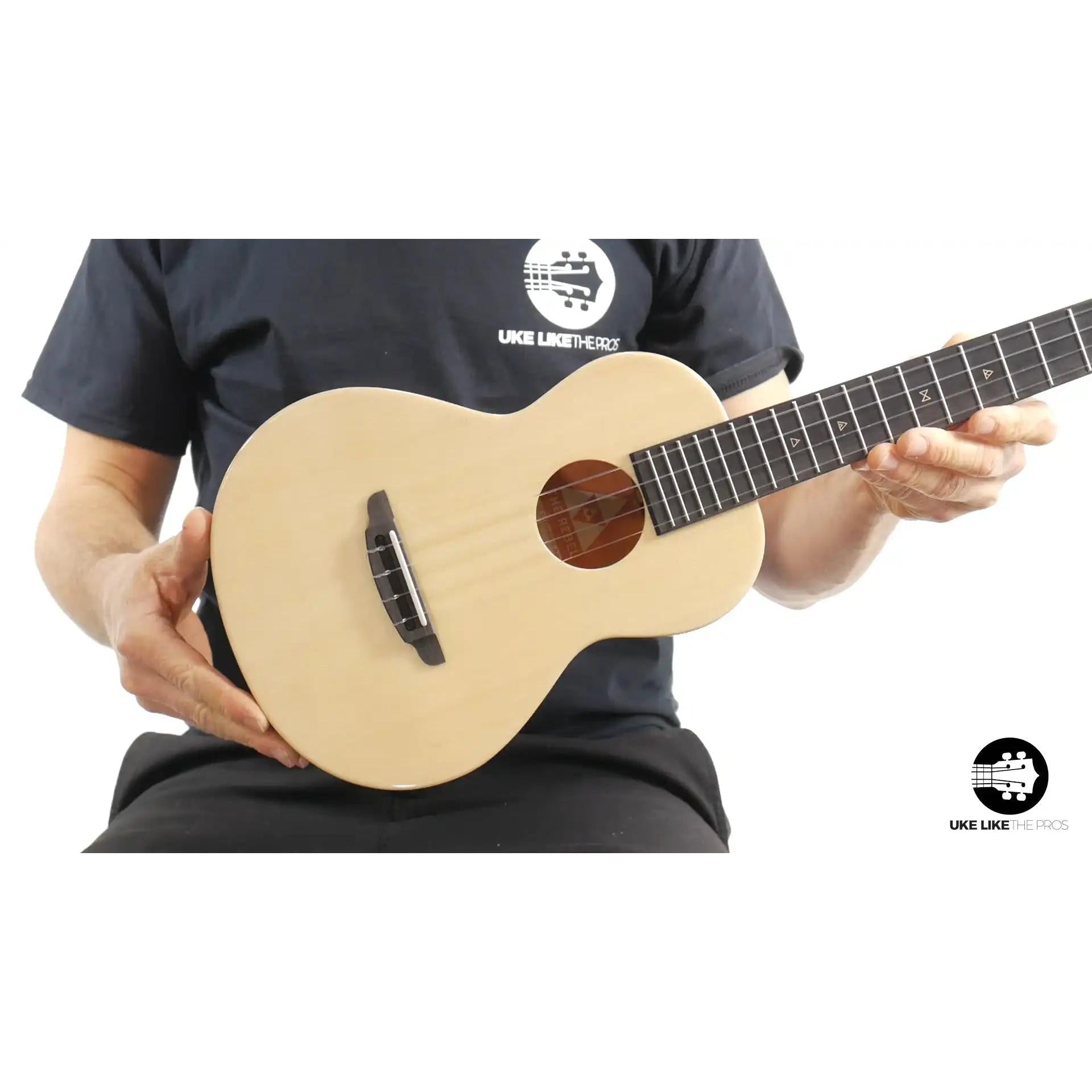 Rebel Double Cheese tenor ukulele with natural wood top featured at Terry Carter Music Store